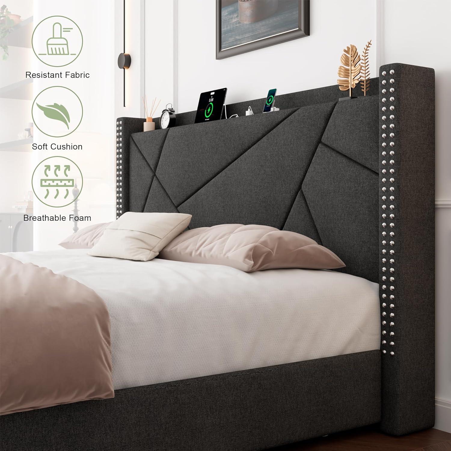 Queen Size Upholstered Linen Storage Bed with Drawers and Slats