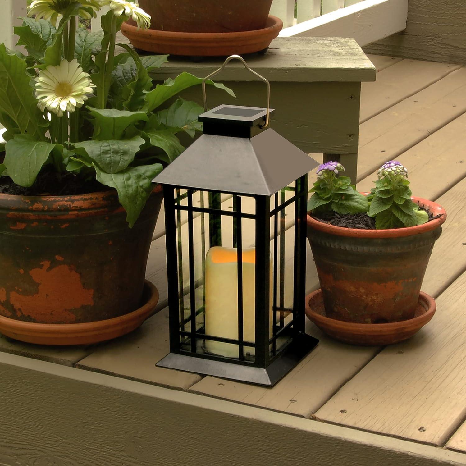 Black Solar Powered Hanging LED Lantern with Flickering Candle