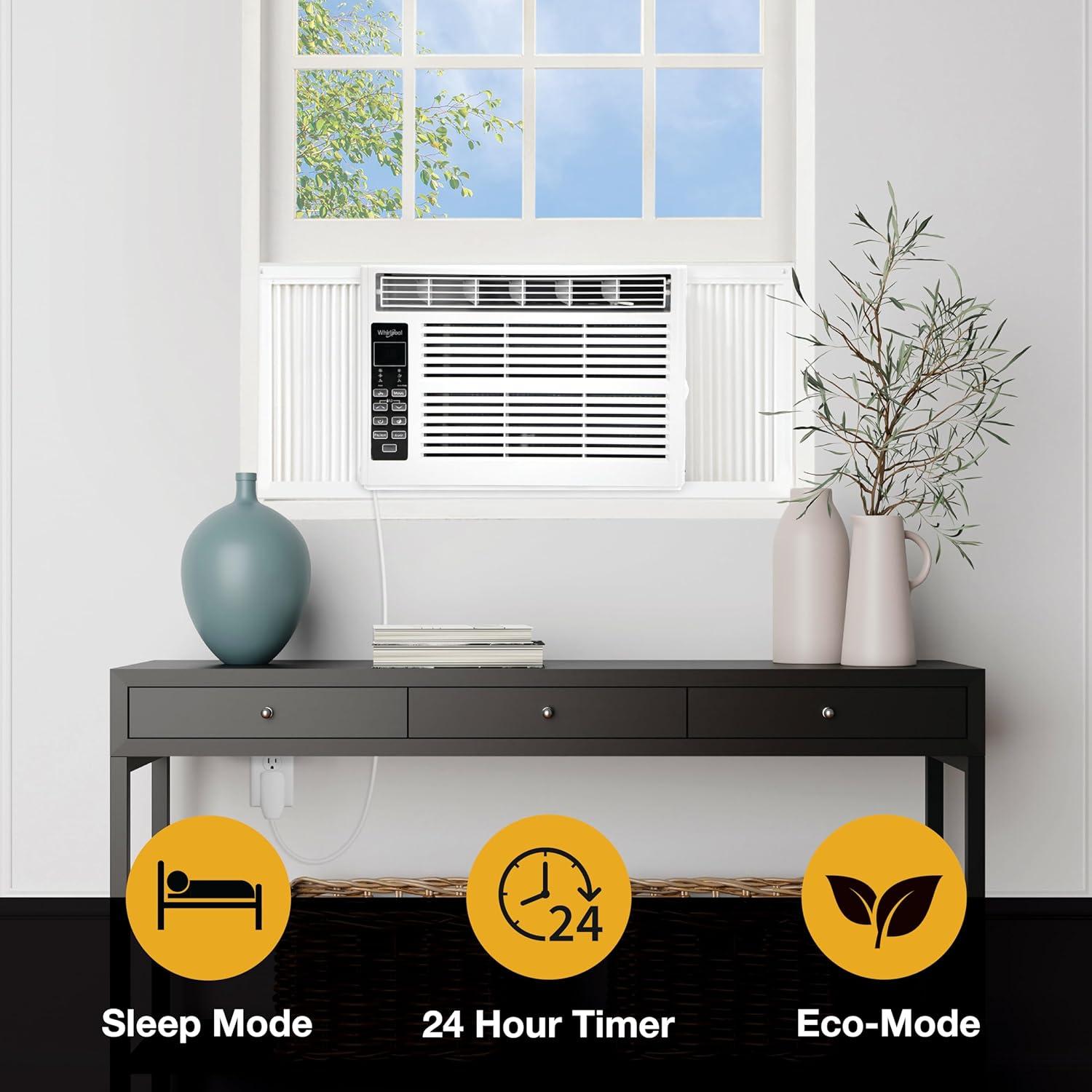 Whirlpool 6000 BTU 115V Window Mounted Air Conditioner and Dehumidifier: 3 Speeds, 8-Way Air Control, 200-500 sq. ft.