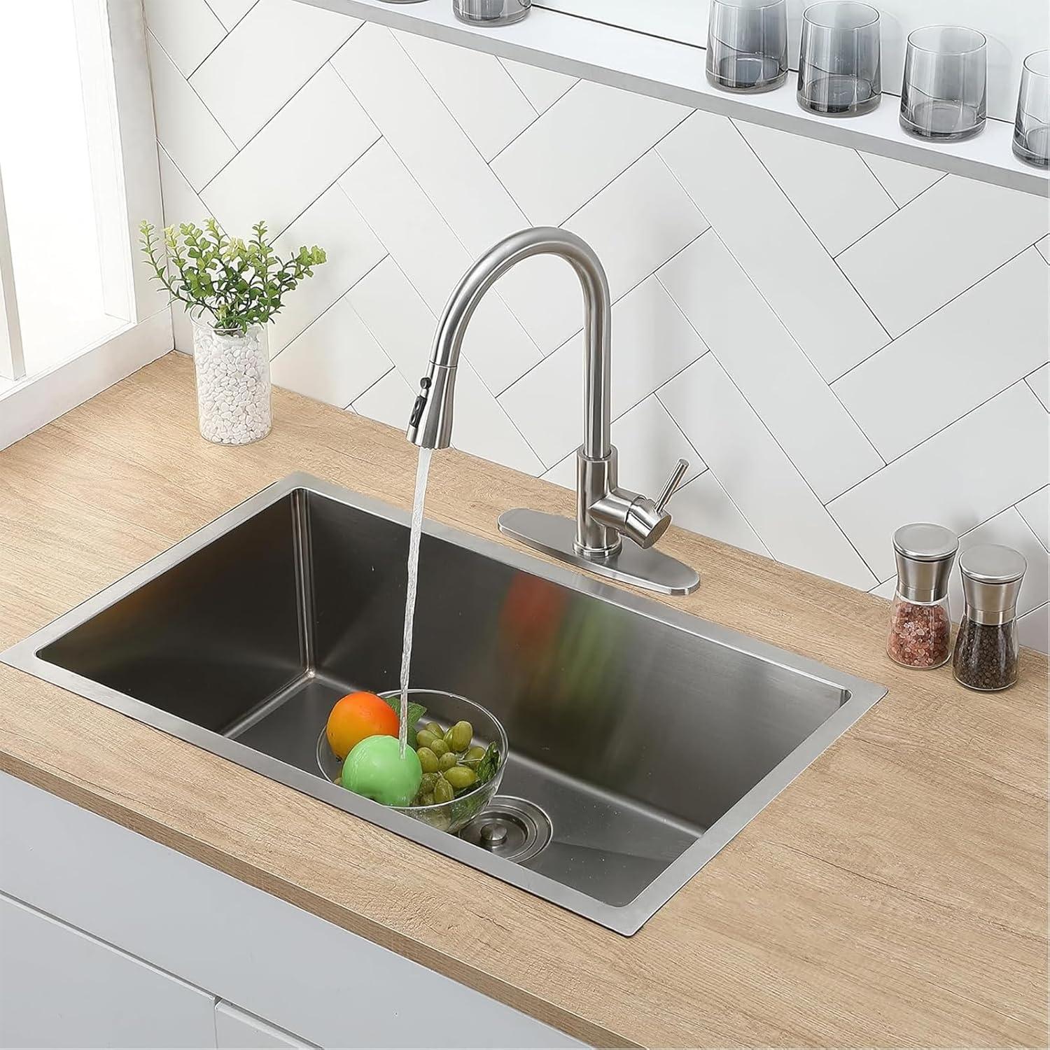 Brushed Nickel Kitchen Sink Faucet with Pull Down Sprayer Single Handle Single Hole Mixer Tap