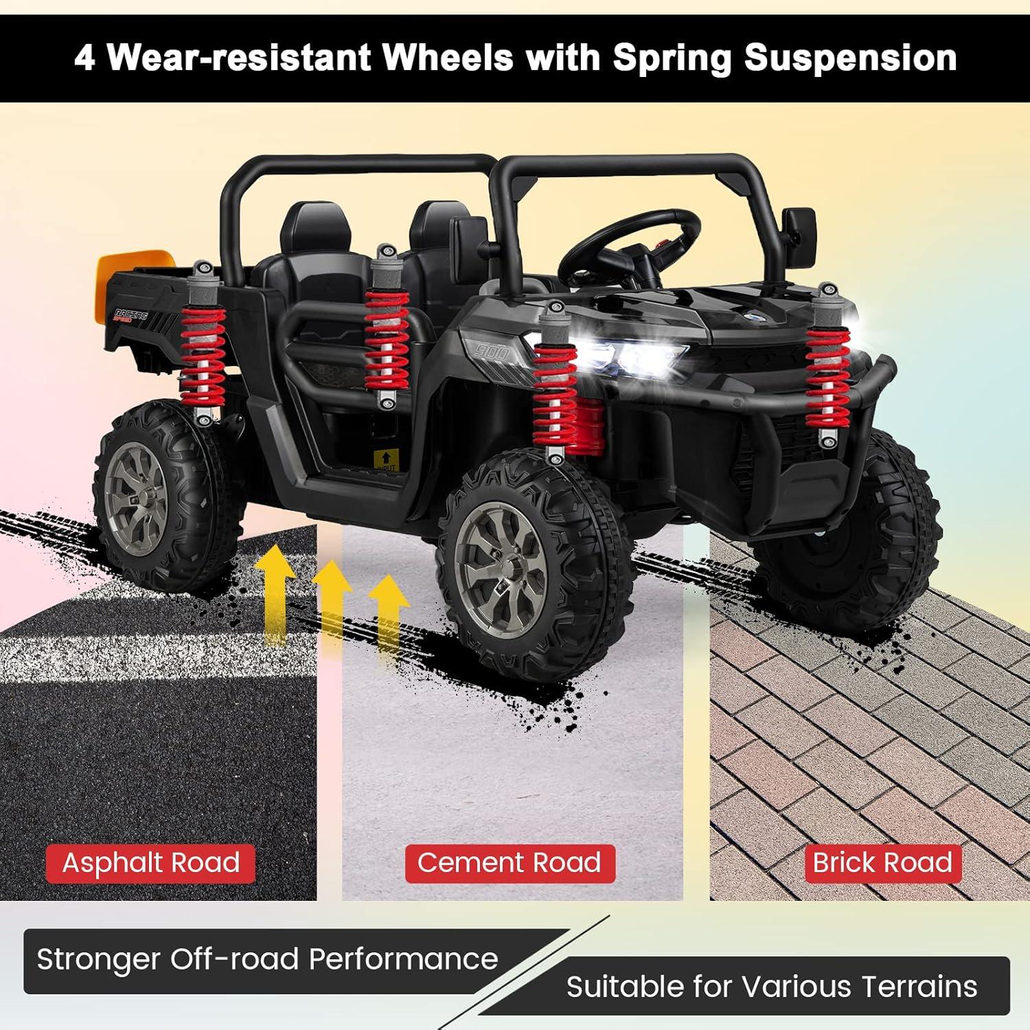 JOYRACER 24V 2 Seater Ride On Dump Truck with Remote Control , Electric UTV Car with Electric Dump Bed, 4WD Power Ride Cars W/6 Wheels Ride On Toys with Shovel Music Player