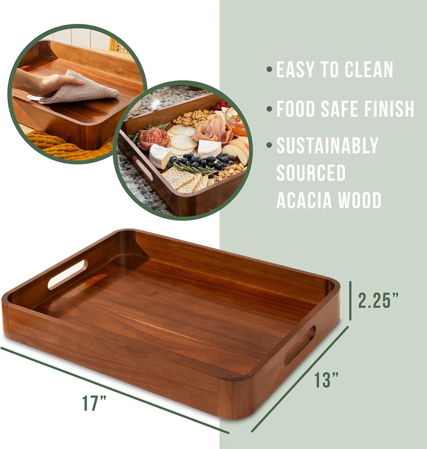 Acacia Wooden Serving Trays with Handles for Eating, Appetizers, Food, Snacks, or Home Decor, Large Wood Bed Tray or TV Tray, Decorative Ottoman or Coffee Table Accessory, 17x13 inch, Set of 2