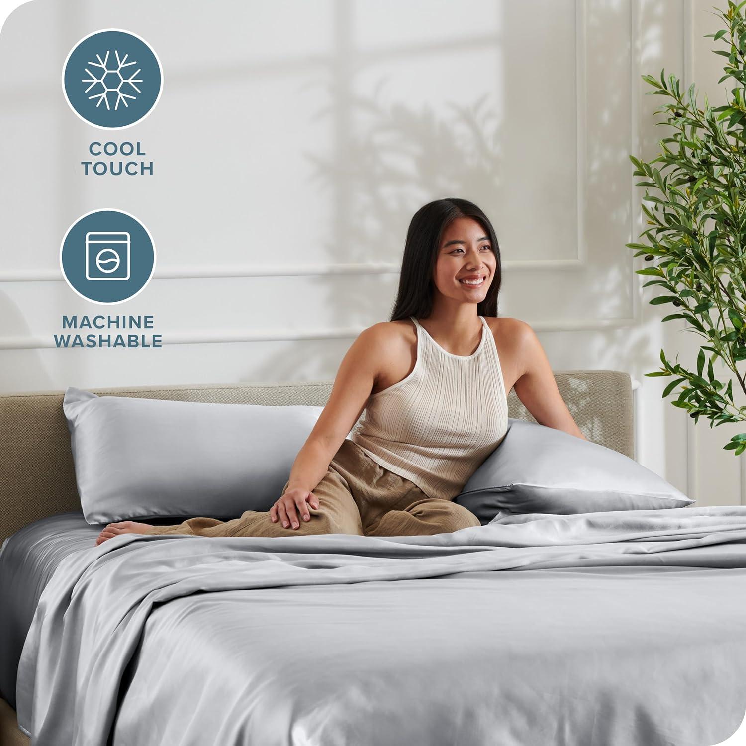 Bare Home Queen Poly Satin Sheet Set - Luxury Soft and Smooth Satin - for Hair and Skin - Breathable - Similar to Silk - Deep Pocket up to 15” - Bedding Sheet Set (Queen, Silver)