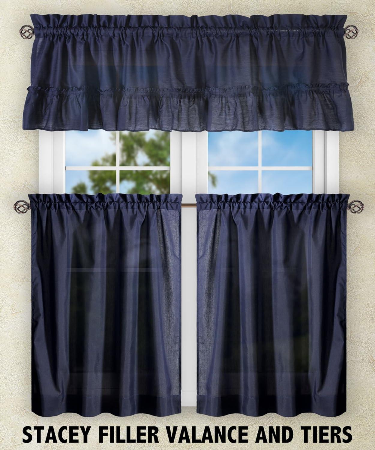 Ellis Stacey 1.5" Rod Pocket High Quality Fabric Solid Color Window Tailored Tier Pair, Navy