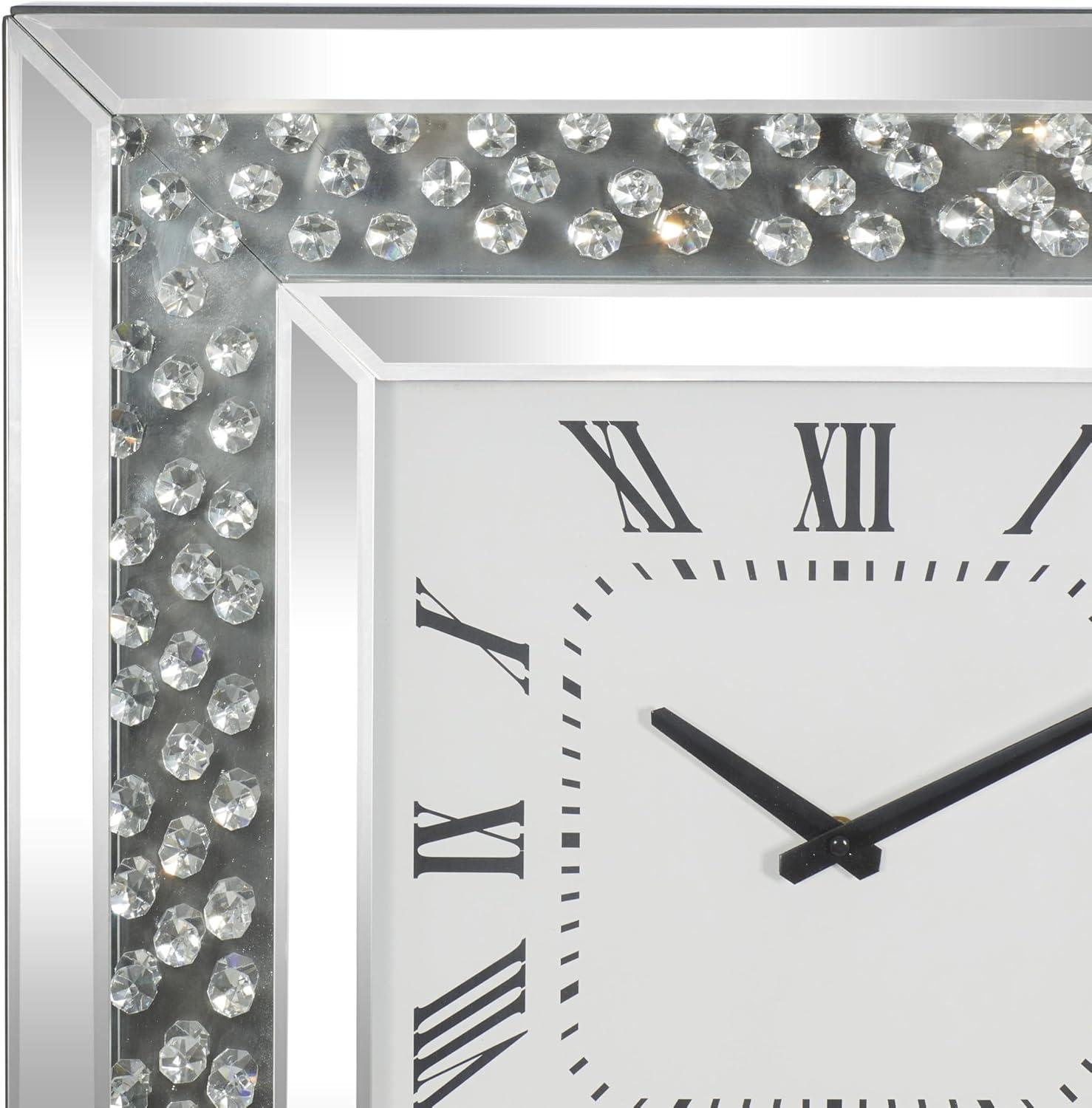 Wood Mirrored Wall Clock with Floating Crystals Silver - Olivia & May: Silent, Art Deco Style, Square Shape