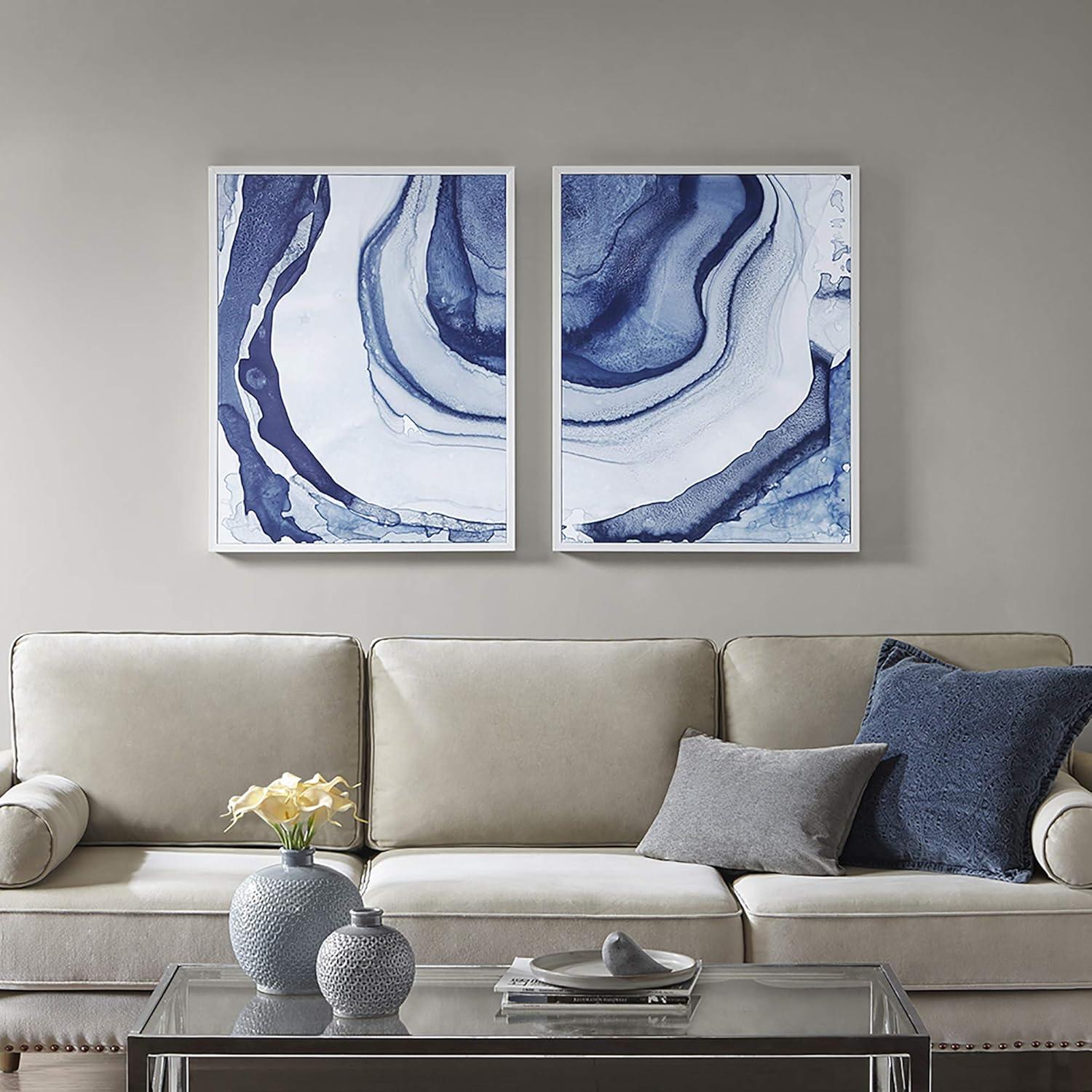 Ethereal Blue Abstract Canvas Wall Art Set with White Frame