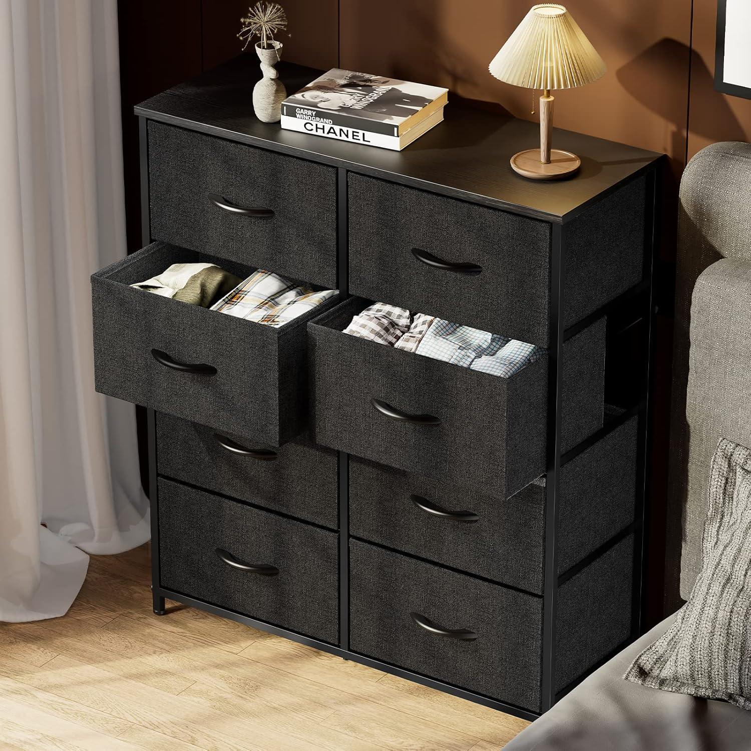 Dresser, Dresser for Bedroom Drawer Organizer Storage Drawers, Fabric Storage Tower with 8 Drawers, Chest of Drawers with Steel Frame, Wood Top for Nursery, Living Room, Closet