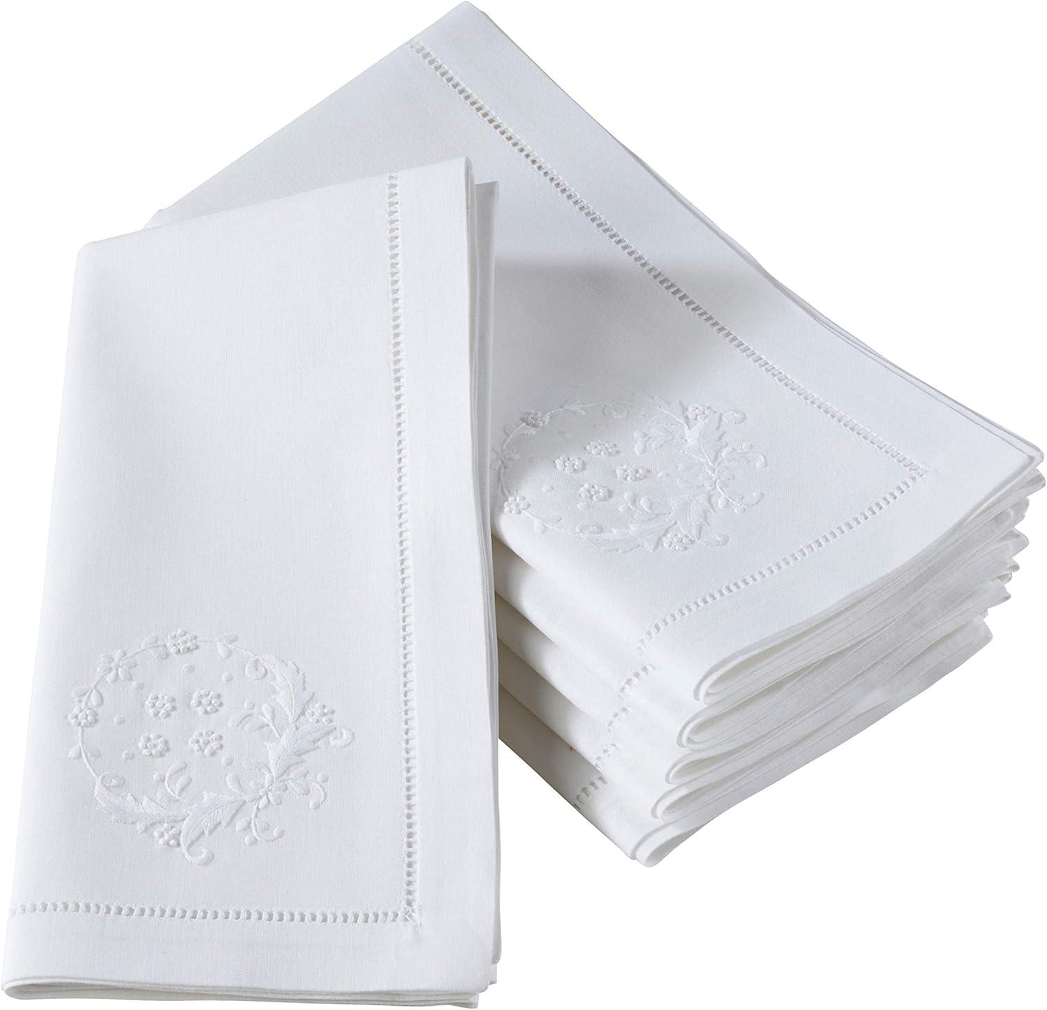 Saro Lifestyle Embr'd Flower Hemstitch Napkin, 20" Square, White (Set of 6)