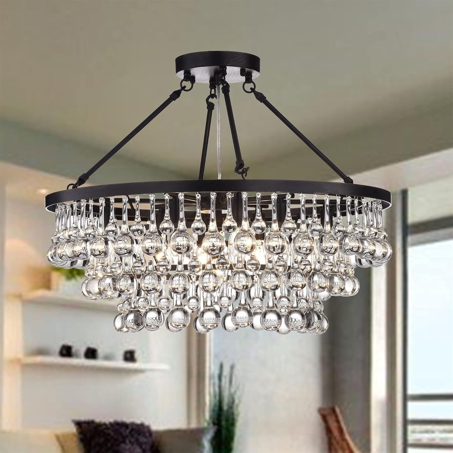 Arosa Elegant Black 9-Light Semi Flush Mount with Crystal Accents