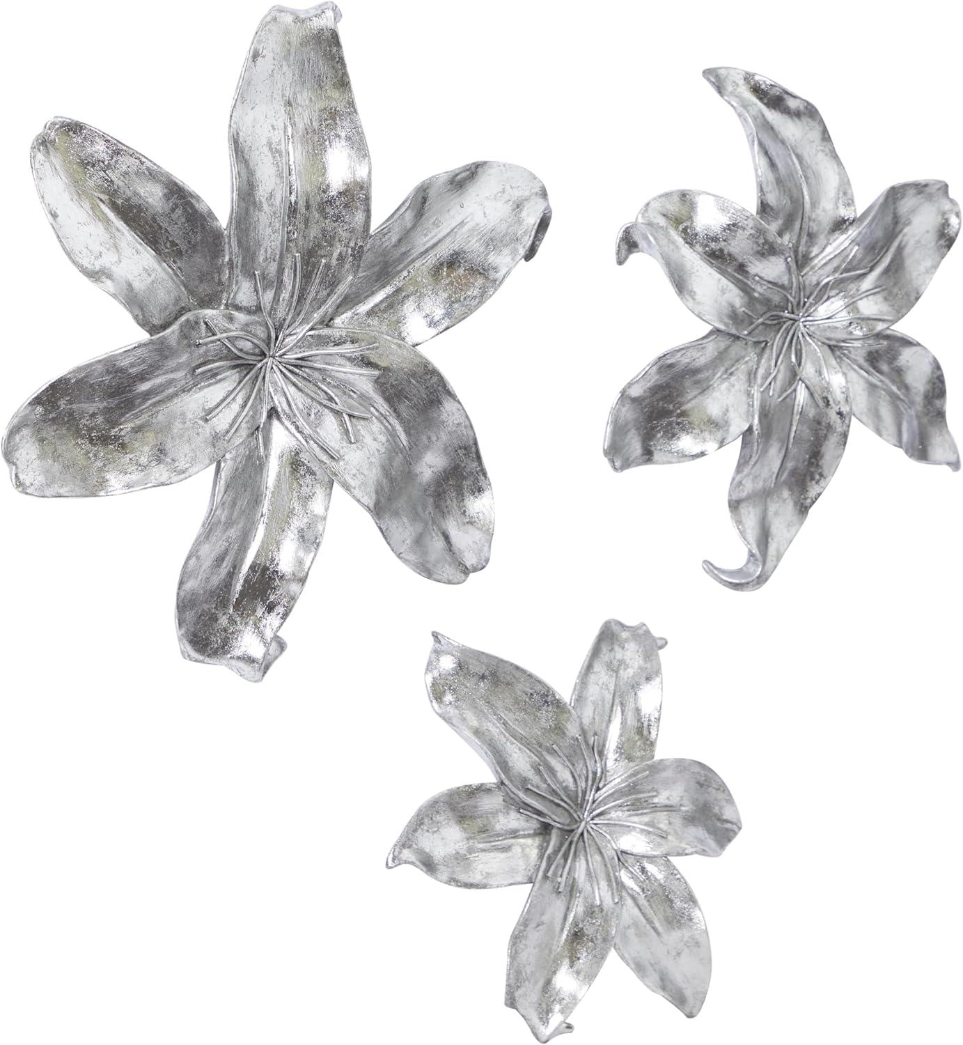 DecMode Silver Polystone 3D Floral Wall Decor (3 Count)