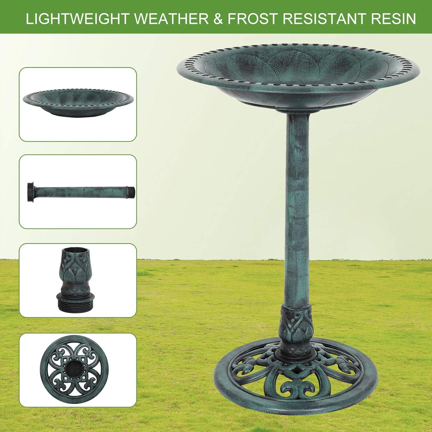 VINGLI Pedestal Bird Bath 28 Inch Antique Green Resin Birdbaths Vintage Garden Decor for Outdoor Lightweight