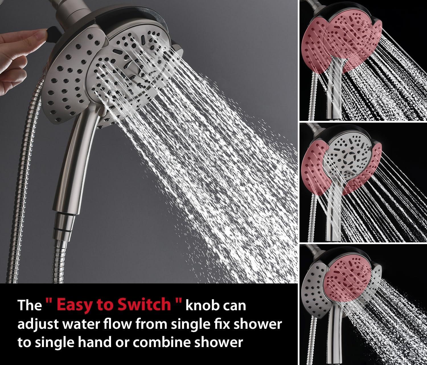 2.5GPM Shower Head With Hand: 2 In 1 High Pressure Shower Heads With Handheld Spray Combo & Rain Shower Head, 9 Spray Modes Anti-Leak Waterfall Showerhead, Angle Adjustable