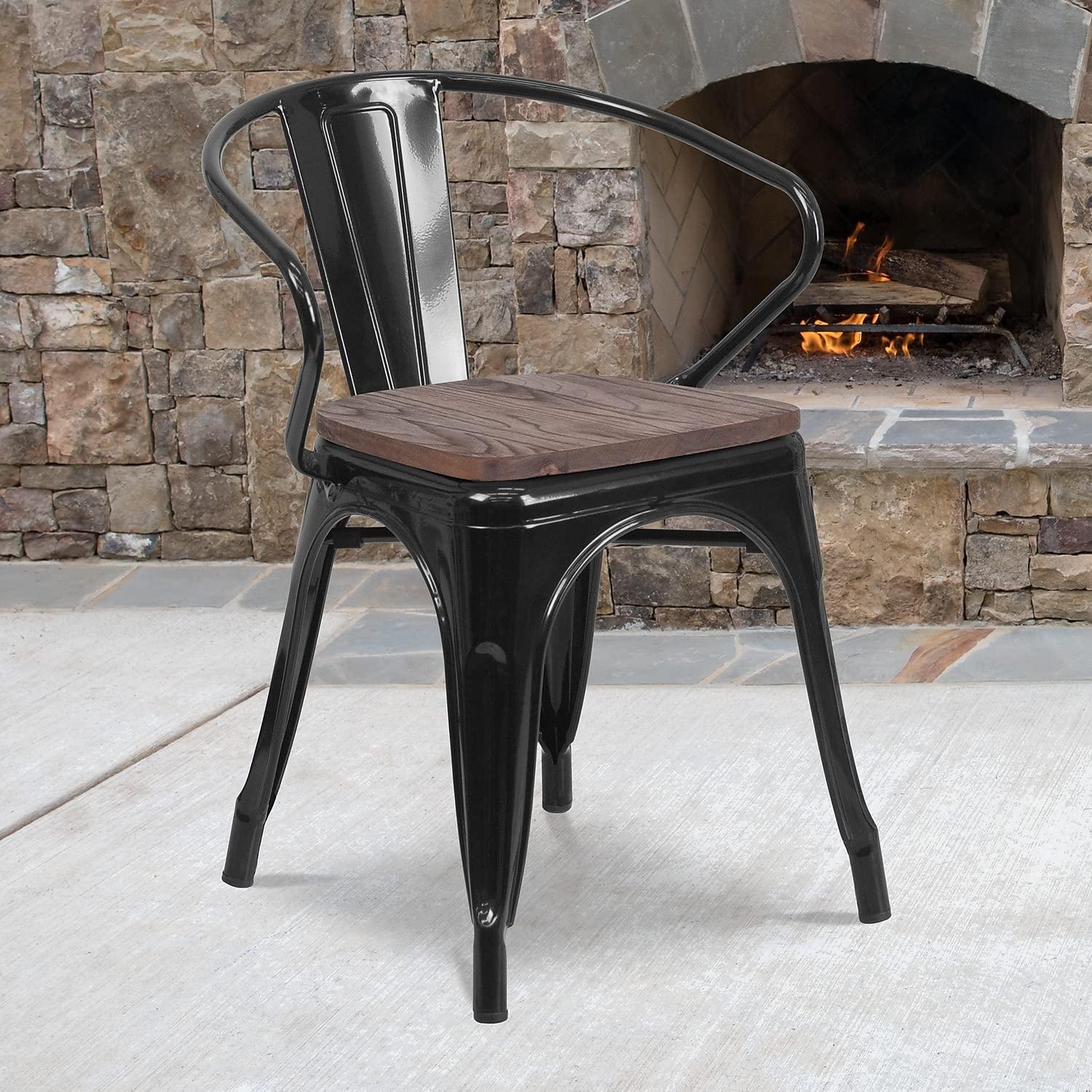 Flash Furniture 4 Pk. Black Metal Chair with Wood Seat and Arms