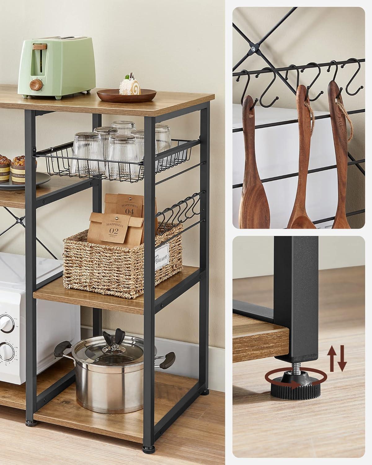 ALINRU Kitchen Baker’s Rack Coffee Bar Microwave Oven Stand 6 Hooks for Mini Oven Rustic Walnut and Black