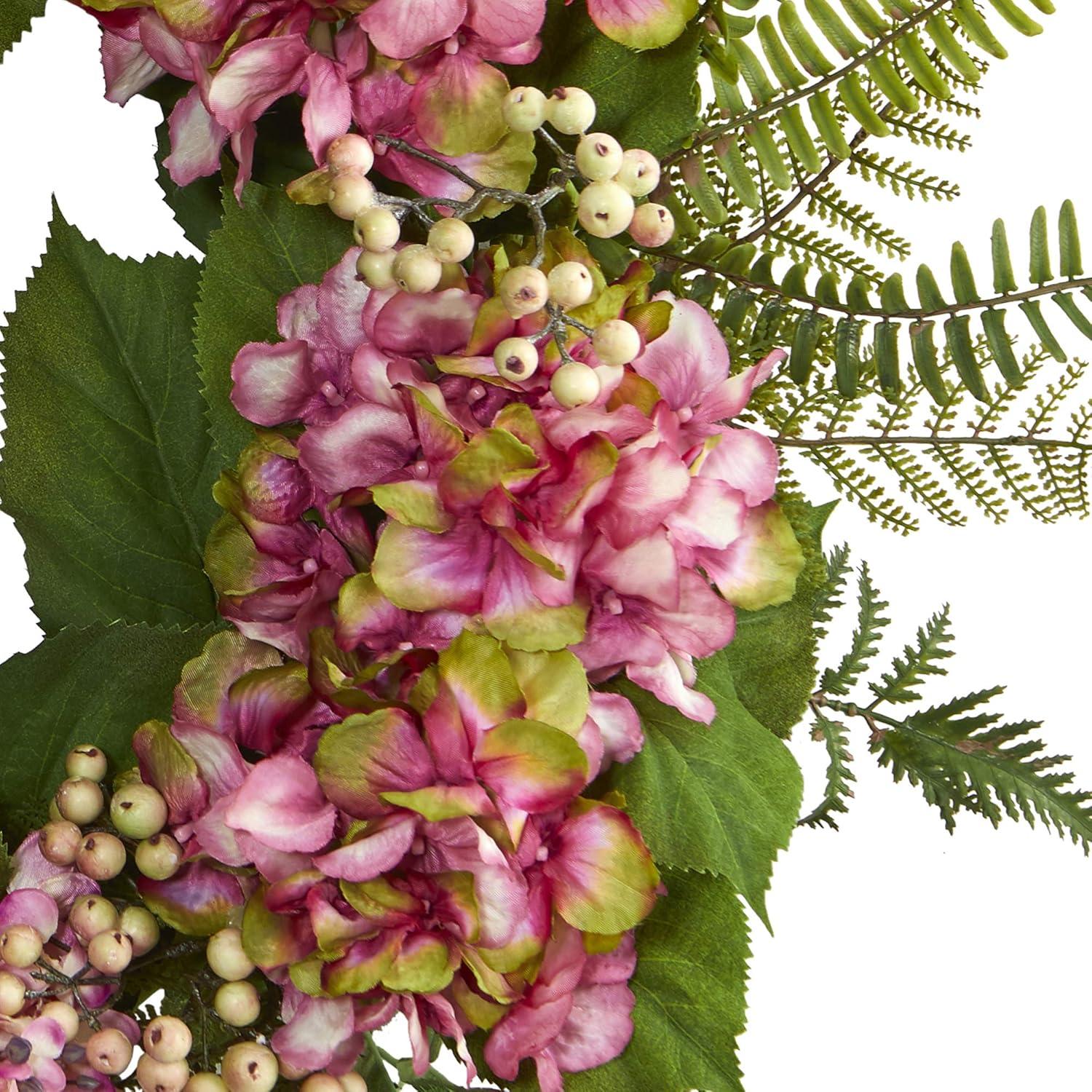 Nearly Natural 24" Artificial Hydrangea & Berry Wreath Pink - : Faux Floral Decor, Indoor Spring/Summer Display