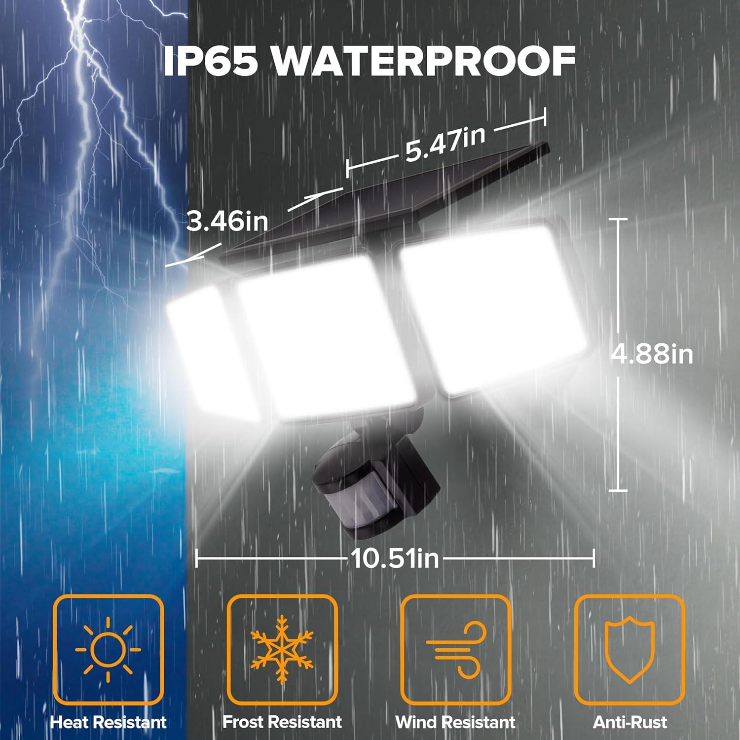 UME Solar Outdoor Lights 302 LED 3000LM, IP65 Waterproof Motion Sensor Outdoor Lights, 3 heads Solar Security Flood Lights 270 Wide Lighting Angle with 3 modes for Garden Patio Yard - 2 Pack