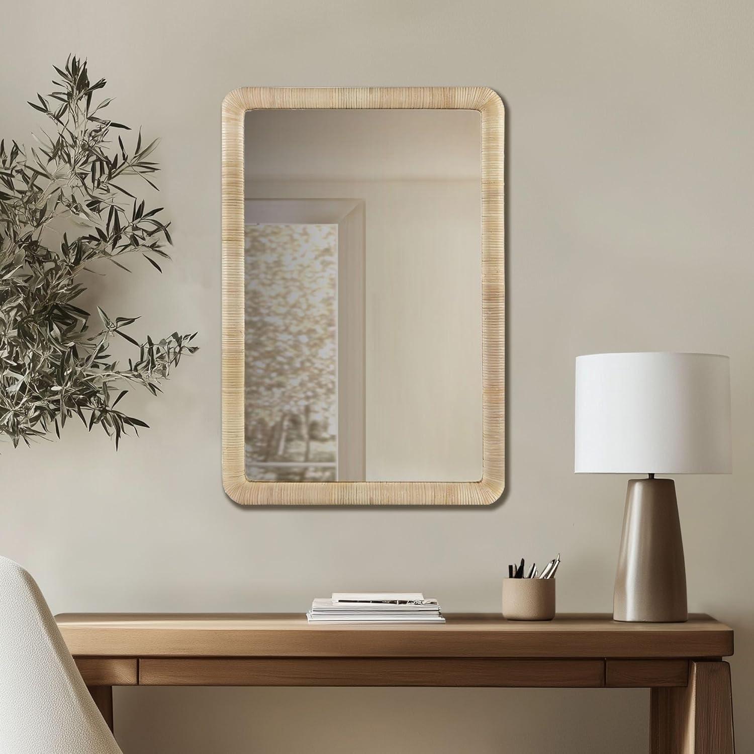 Nova Natural Rattan Rectangle Wall Mirror - Ink+Ivy: Modern Style, Polystyrene Frame, Wall Mount