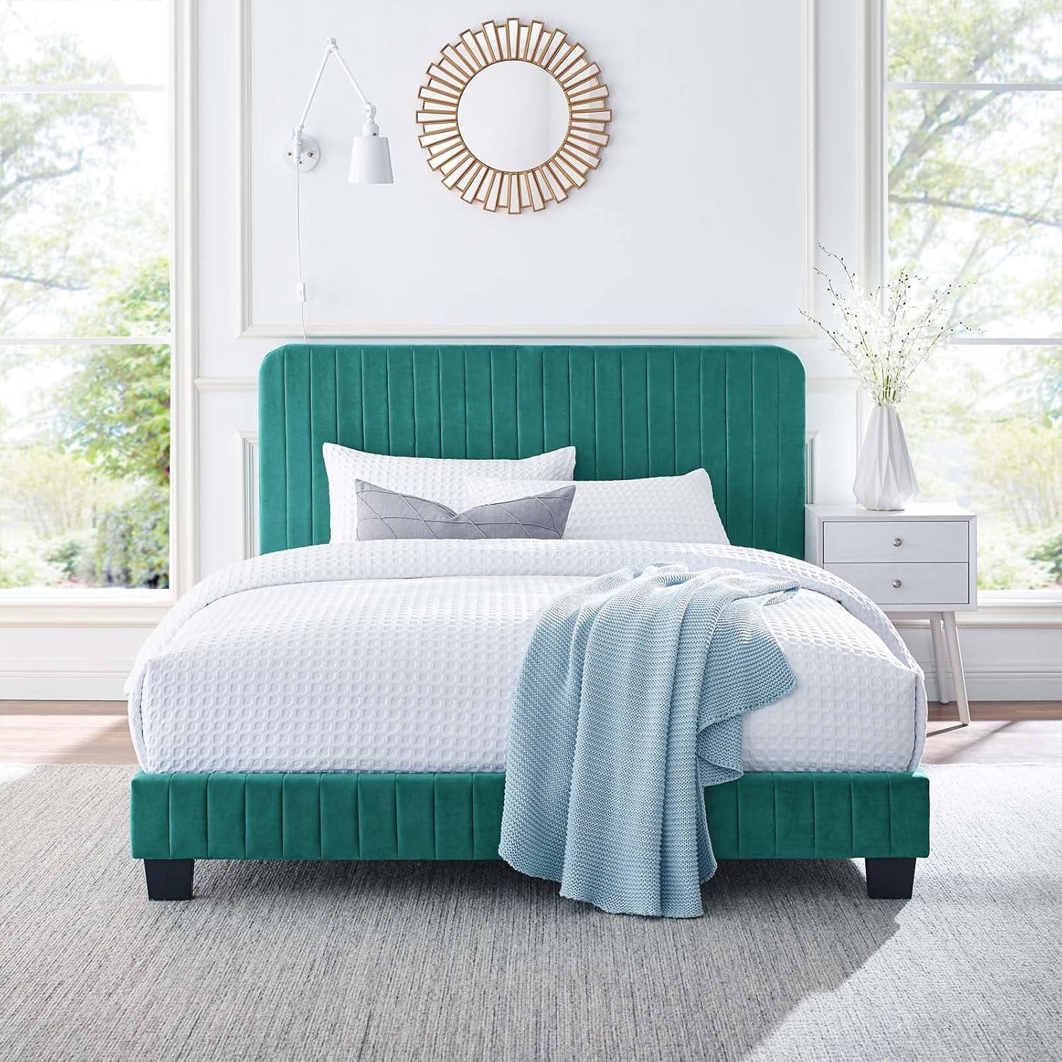 Modway Celine Channel Tufted Performance Velvet Full Platform Bed in Teal Green