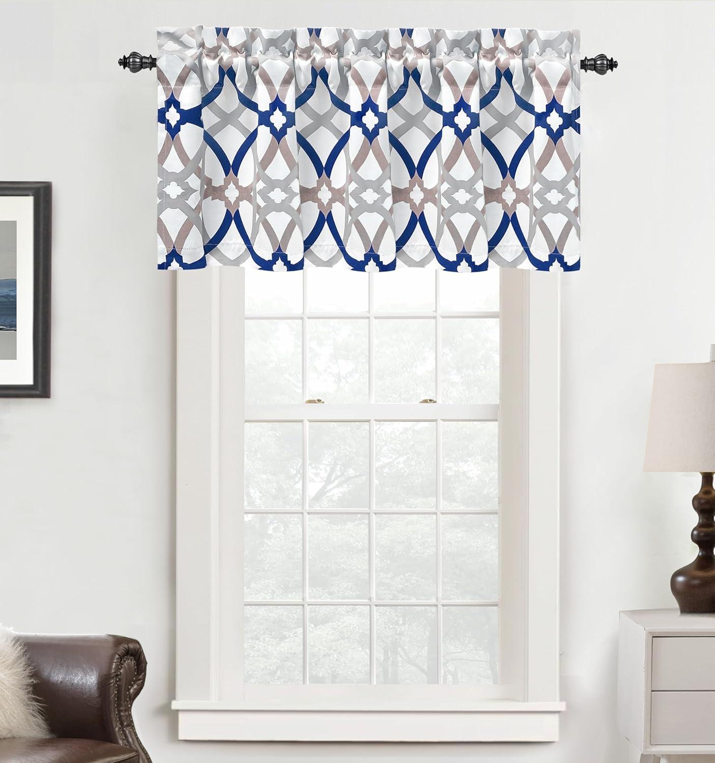 DriftAway Alexander Spiral Geo Trellis Pattern Window Curtain Valance Rod Pocket 52 Inch by 18 Inch Plus 2 Inch Header Navy and Gray 1 Pack