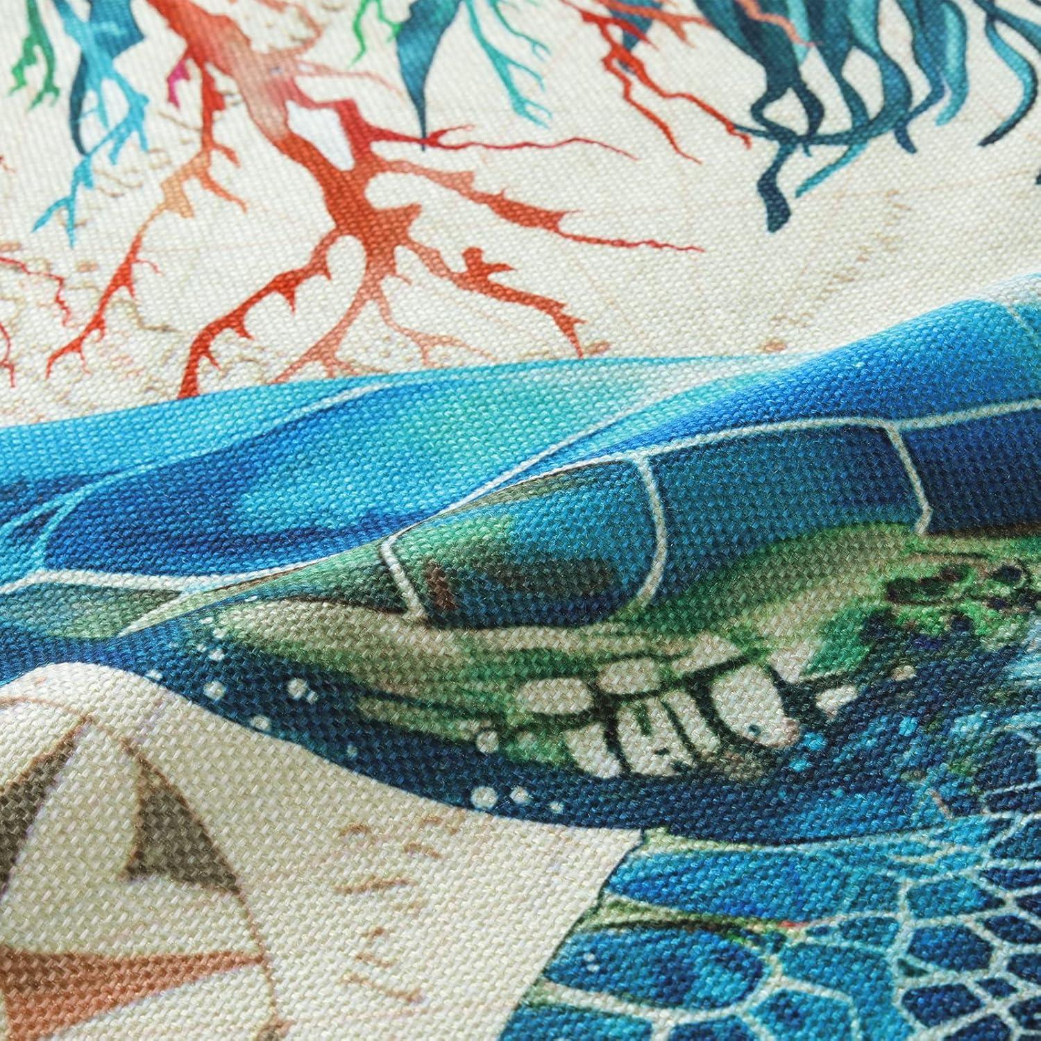 Bonhause Nautical Coastal Ocean Throw Pillow Covers 18 x 18 Inch Set of 4 Sea Turtle Seahorse Octopus Outdoor Decorative Pillow Cases Polyester Linen Cushion Covers for Sofa Couch Bedroom Home Décor