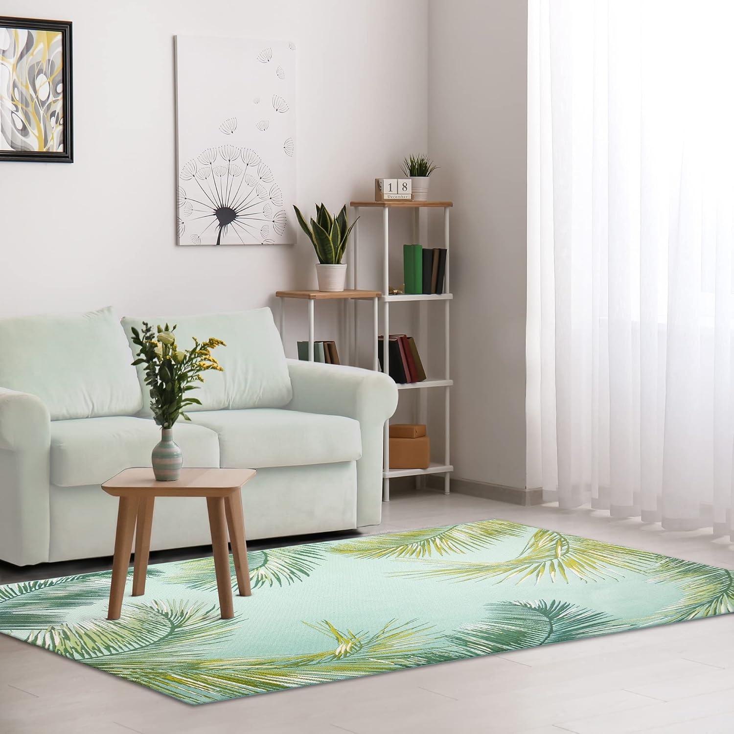 Aqua and Green Palm Leaf Indoor/Outdoor Rectangular Rug