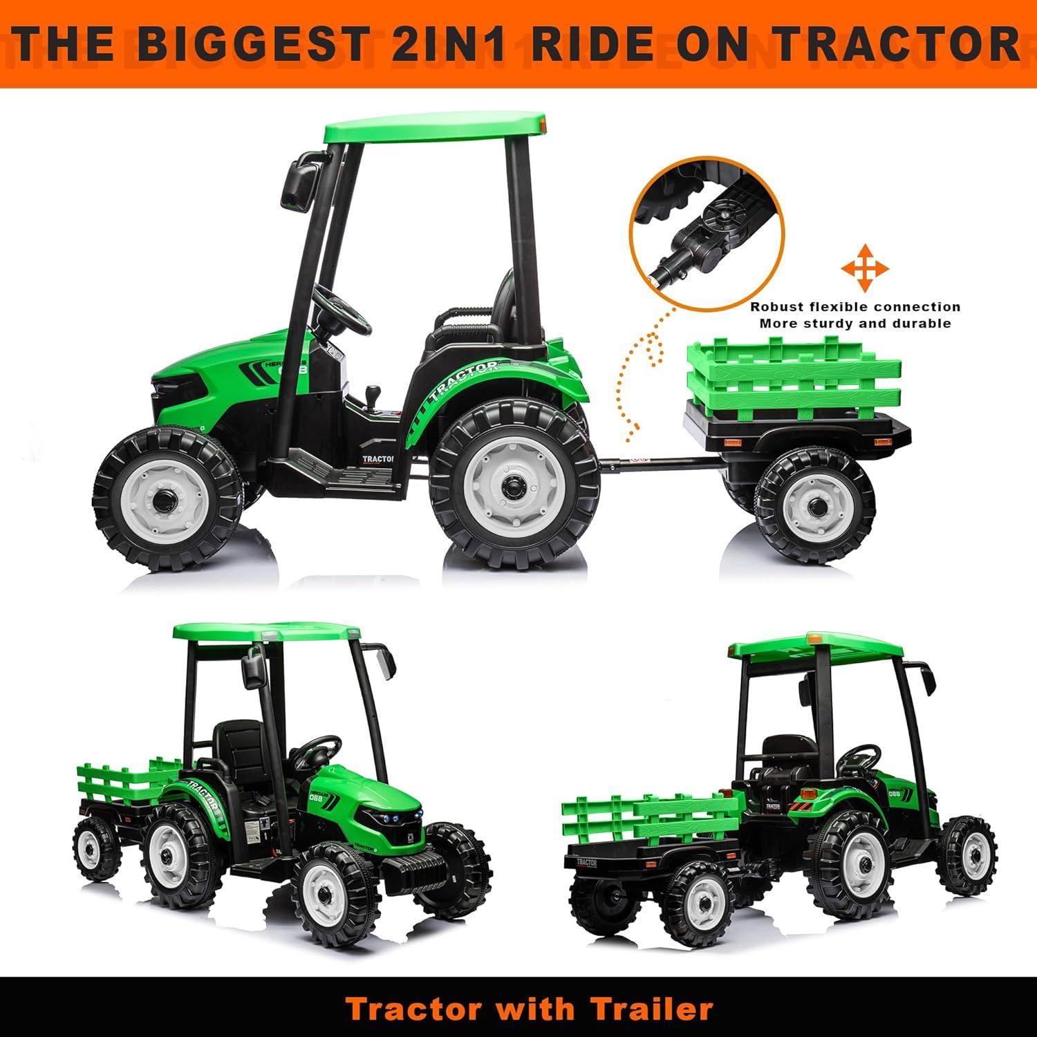 24V Green Ride-On Tractor with Trailer and Loader