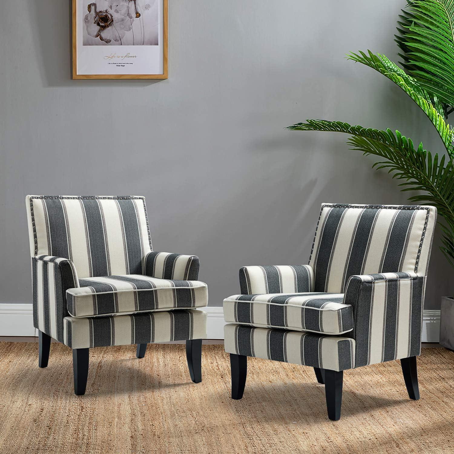 Upholstery Armchairs Set of 2 Accent Chairs Sofa Couch Wood Leg Nailhead Trim Home Living Room Bedroom Stripe White Black