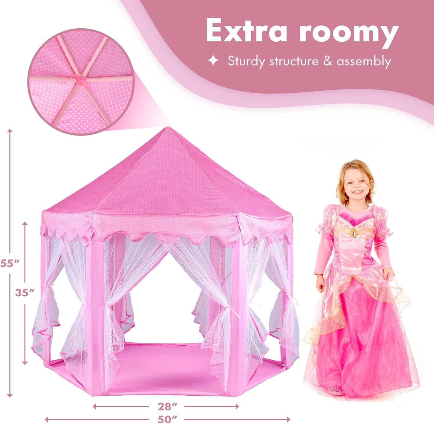 Twinkle Star 55"x 53" Princess Play Castle Tent with Ultra Soft Rug for Girls Playhouse Include Star String Lights and Banners Decor, Princess Tent, Kids Game House for Indoor Outdoor Game, Pink