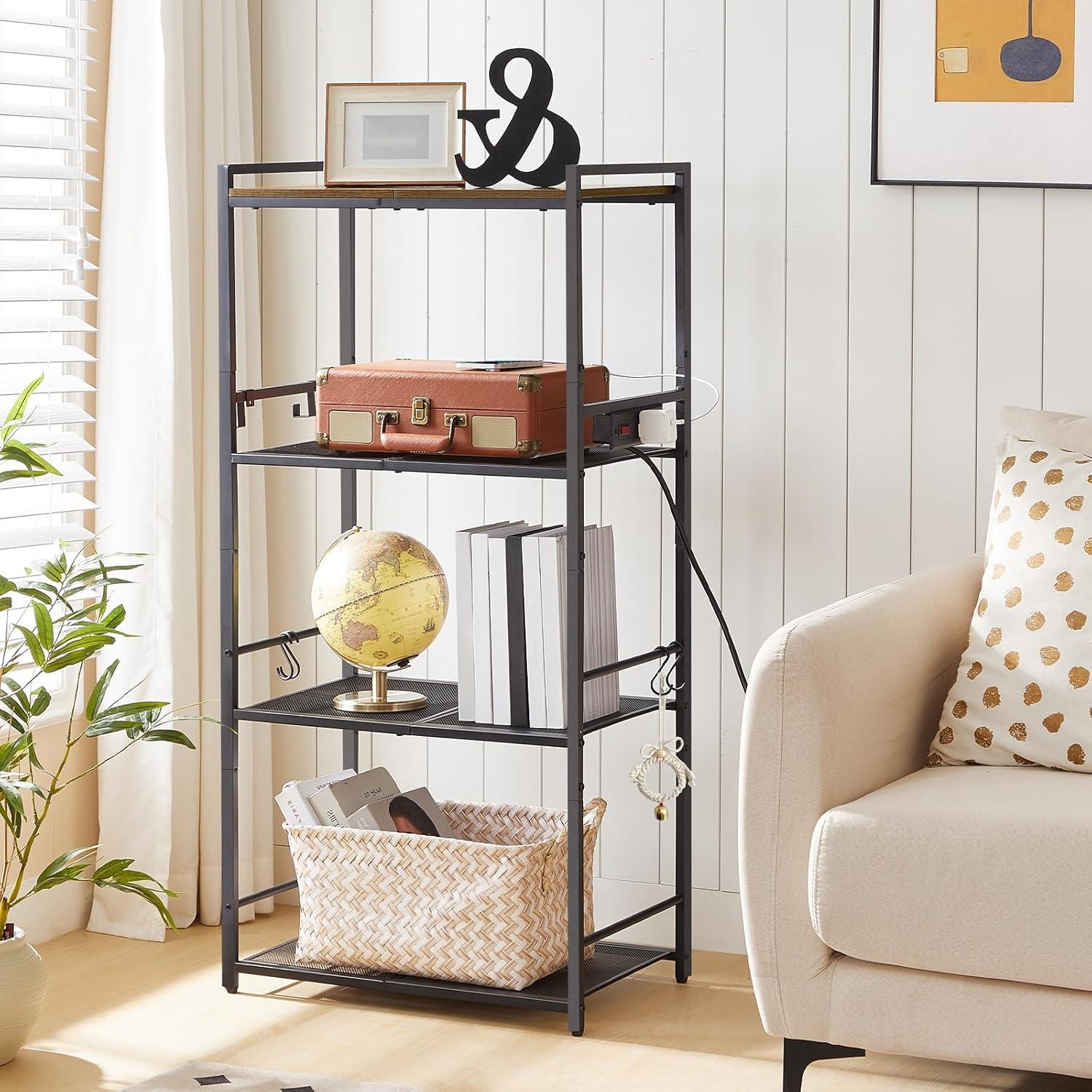 Bakers Rack with Power Outlet, Microwave Stand with Hooks, Multifunctional Storage Rack, Coffee Bar with Enclosure, Kitchen Storage Shelf, for Kitchen, Dining Room, Rustic Brown BRHR40E01N1