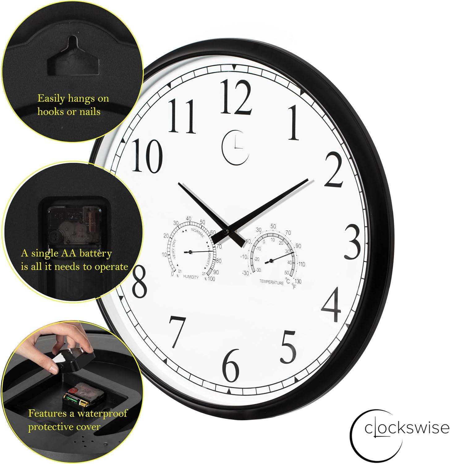 Clockswise 18 Inch Outdoor Wall Clock Thermometer Combo, Waterproof Hygrometer Silent Battery Operated Clocks Timepiece Garden Weather Master Station