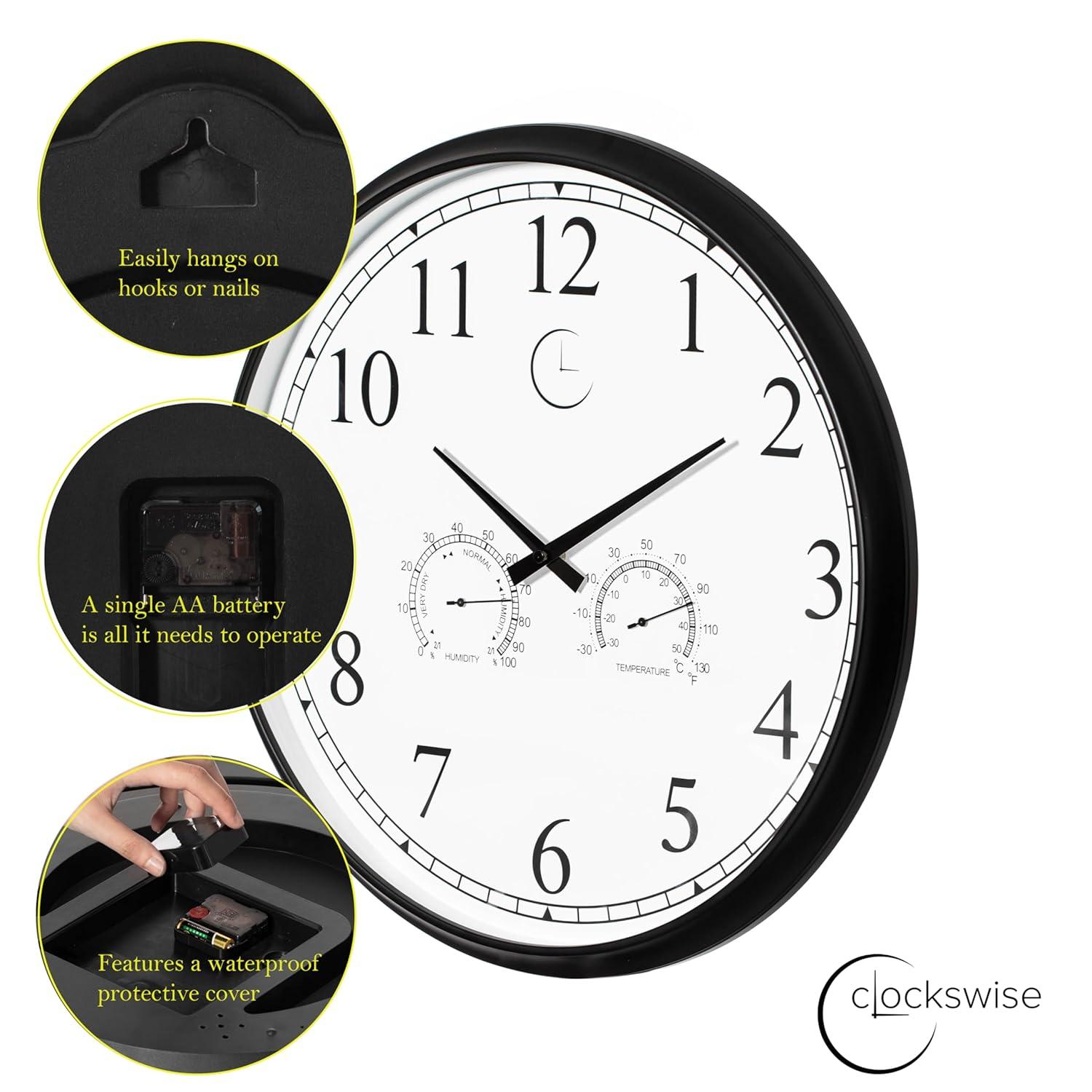 Clockswise 18 Inch Outdoor Wall Clock Thermometer Combo, Waterproof Hygrometer Silent Battery Operated Clocks Timepiece Garden Weather Master Station