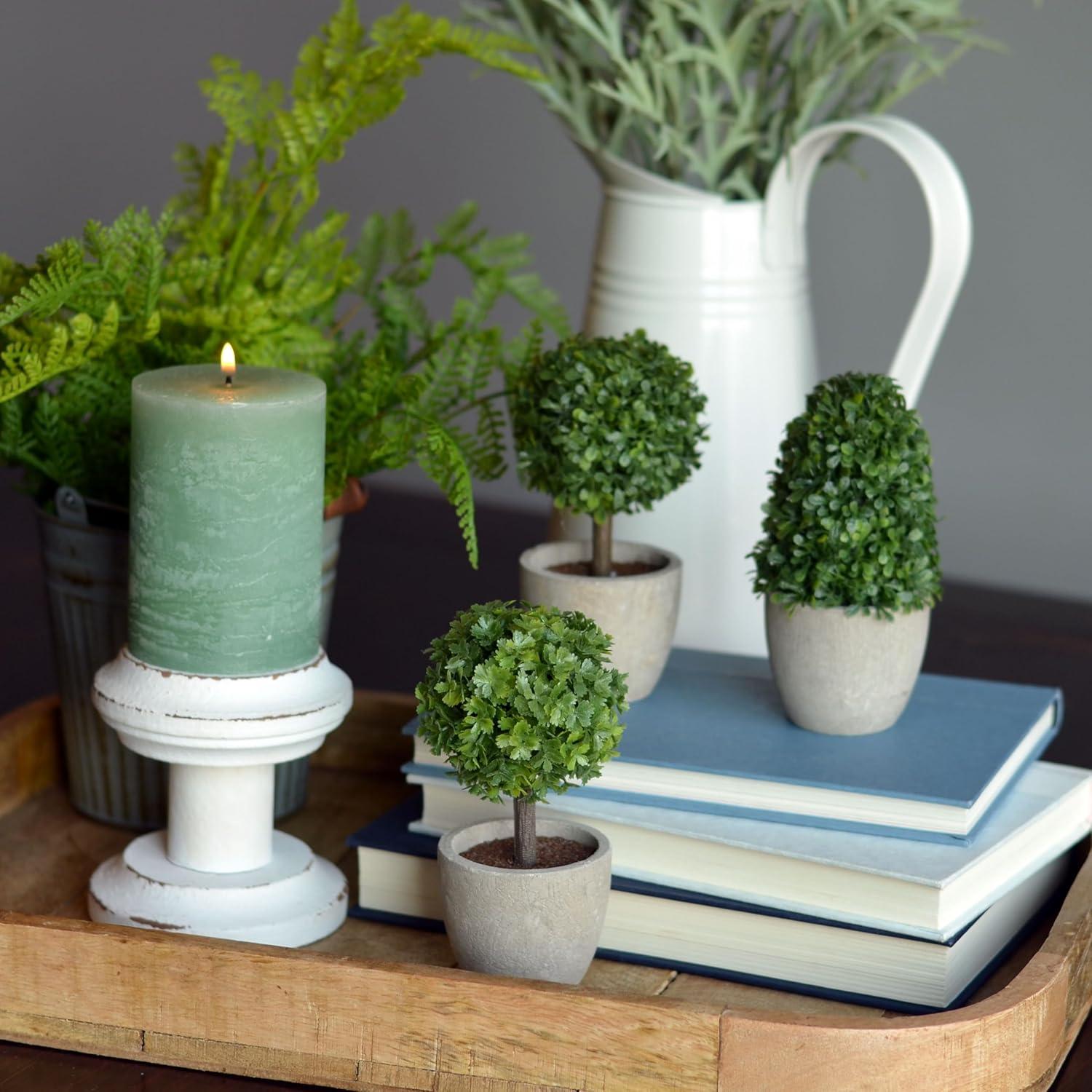 Realistic Faux Boxwood Sculptural Topiary, Set of 3, Curly Leaf, Cone and Ball Tops, Gray Stone Pot, Each 5 1/2 Inches Tall, Mixed Materials