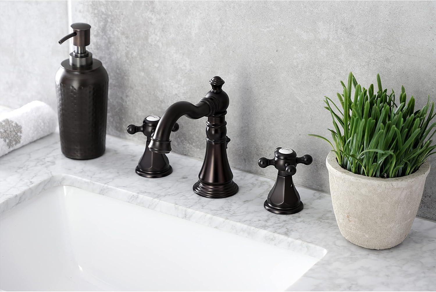 Kingston Brass American Classic Two-Handle 3-Hole Deck Mount Widespread Bathroom Faucet with Pop-Up Drain