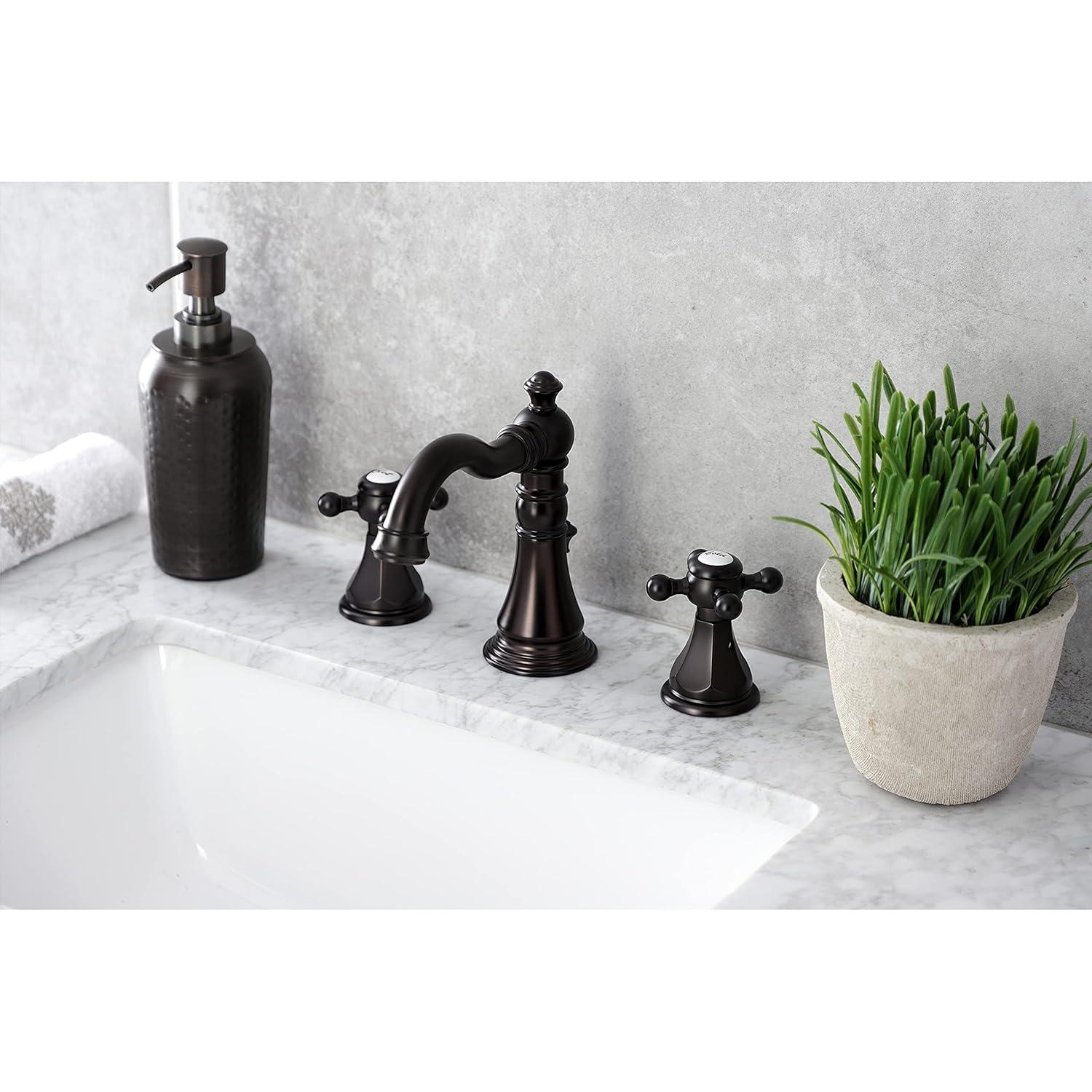 Kingston Brass American Classic Two-Handle 3-Hole Deck Mount Widespread Bathroom Faucet with Pop-Up Drain