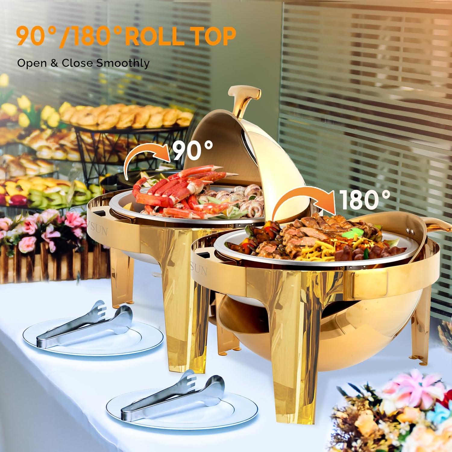 6 QT Gold Roll Top Round Chafing Dish Buffet Set with Glass Window