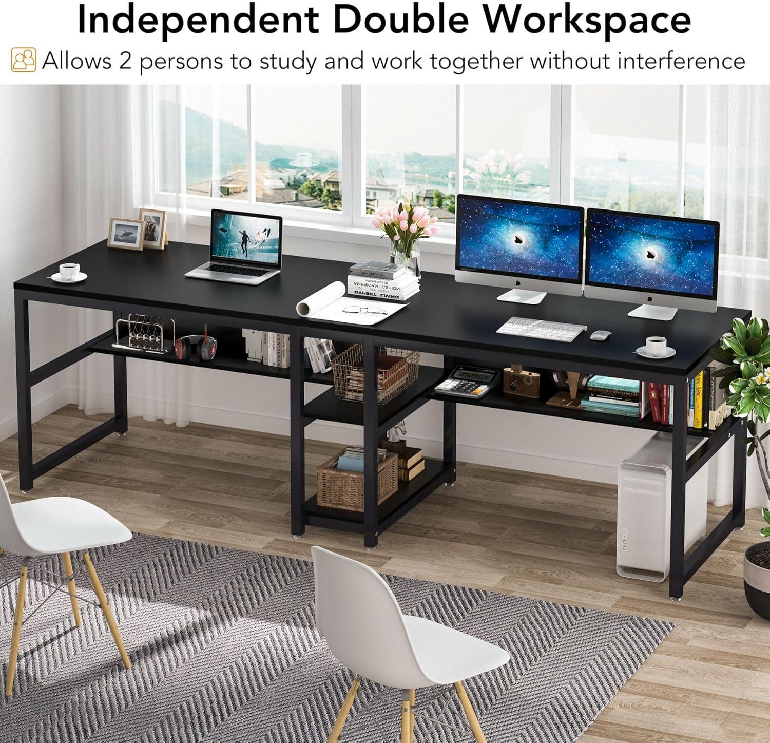 Tribesigns 78.7 Two Person Desk, Computer Double Office Desk with Bookshelf for Two Person, Industrial Writing Desk Workstation with Shelf for Home Office (Black)