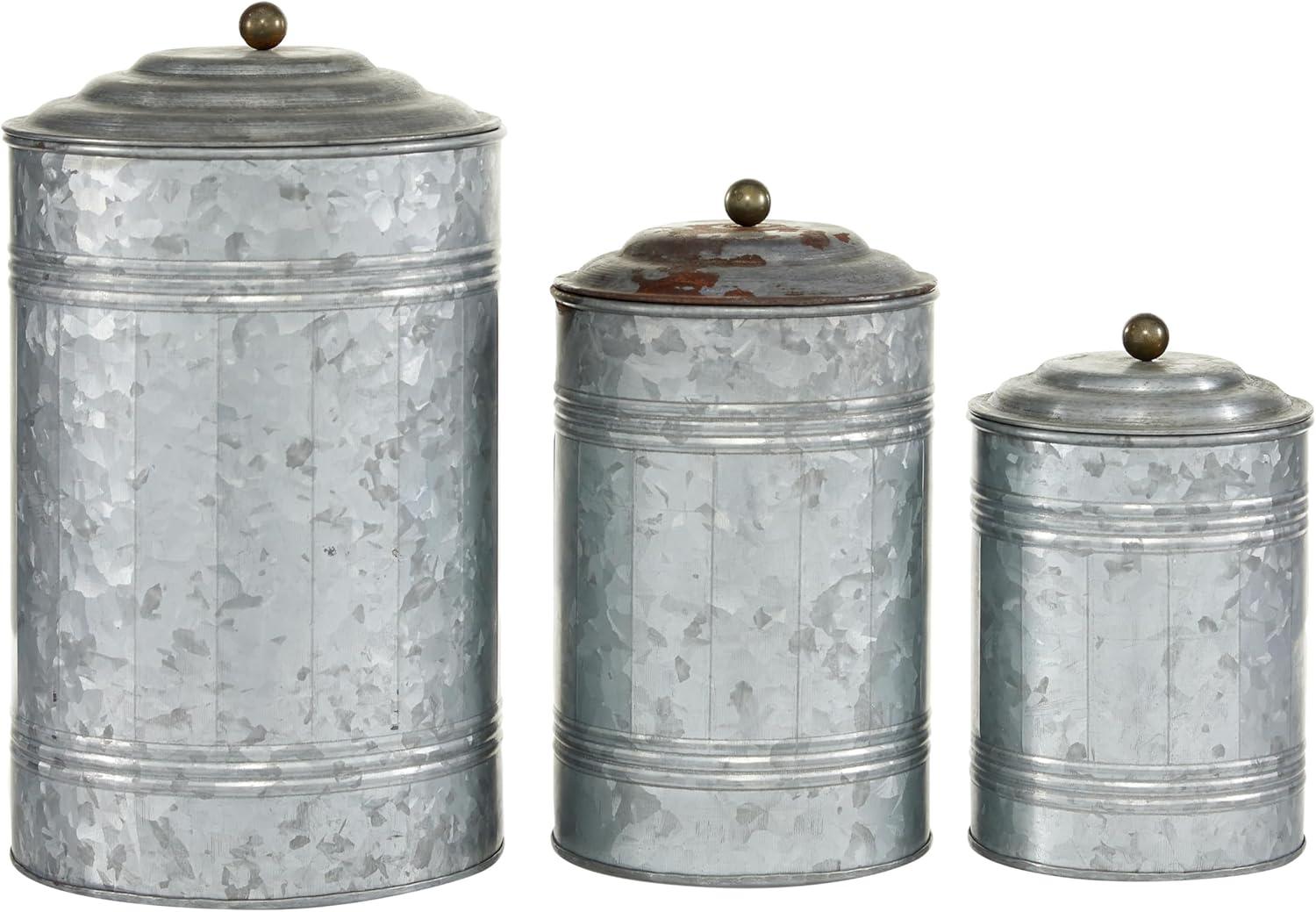 Olivia & May 3pc Decorative Galvanized Metal Canister Set Silver: Round Storage Containers with Lids