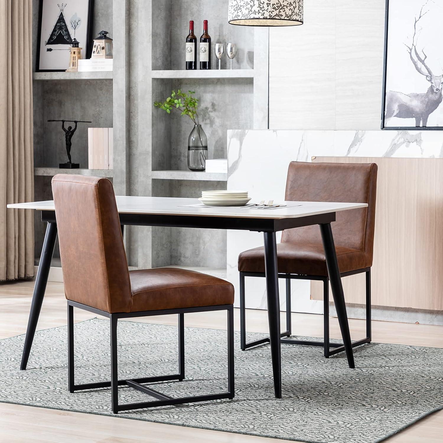 Guyou Modern Dining Chair Set of 2, Faux Leather Upholstered Side Chair with High Back and Metal Frame for Living Room Dining Room, Brown