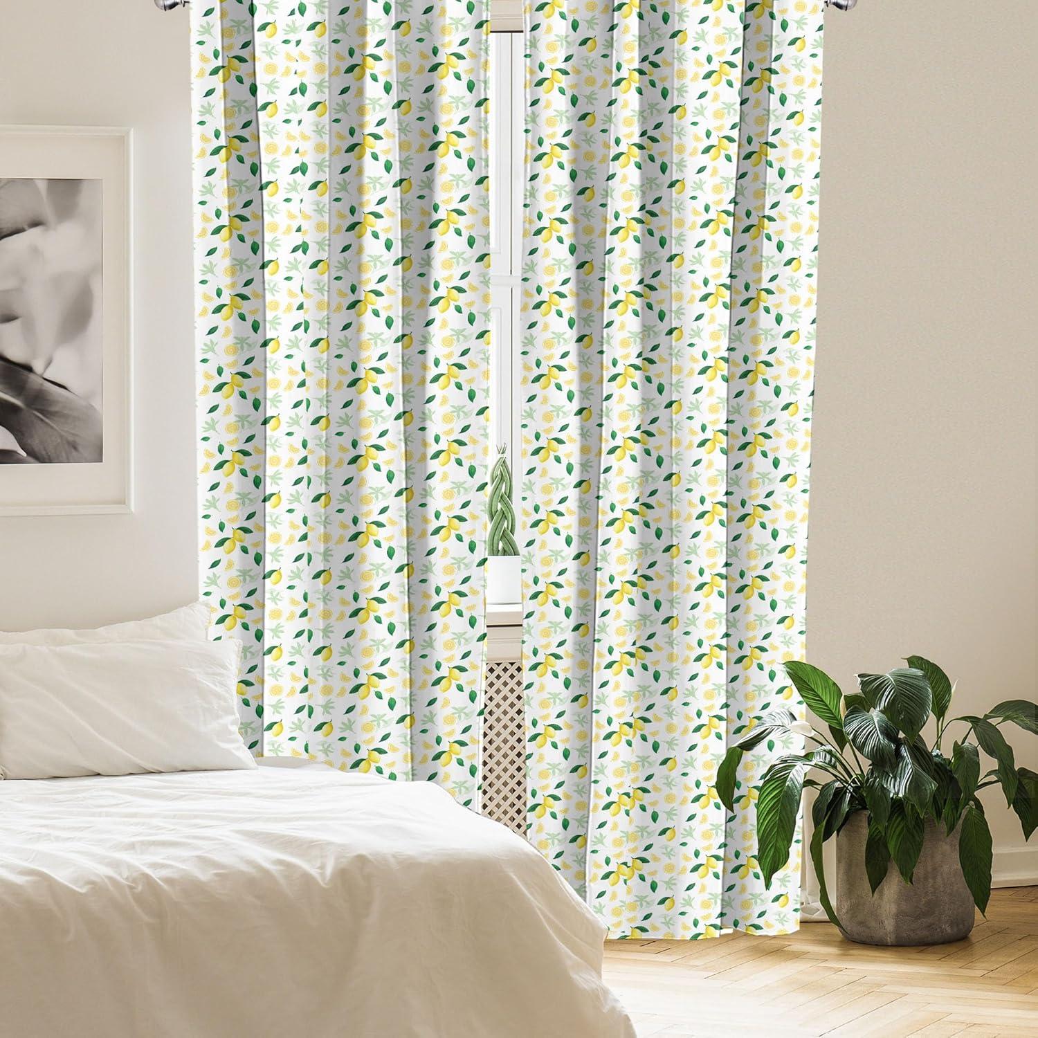 Ambesonne Lemon Curtains, Summer Juicy Slices Branch, Pair of 28"x95", Yellow Green and White