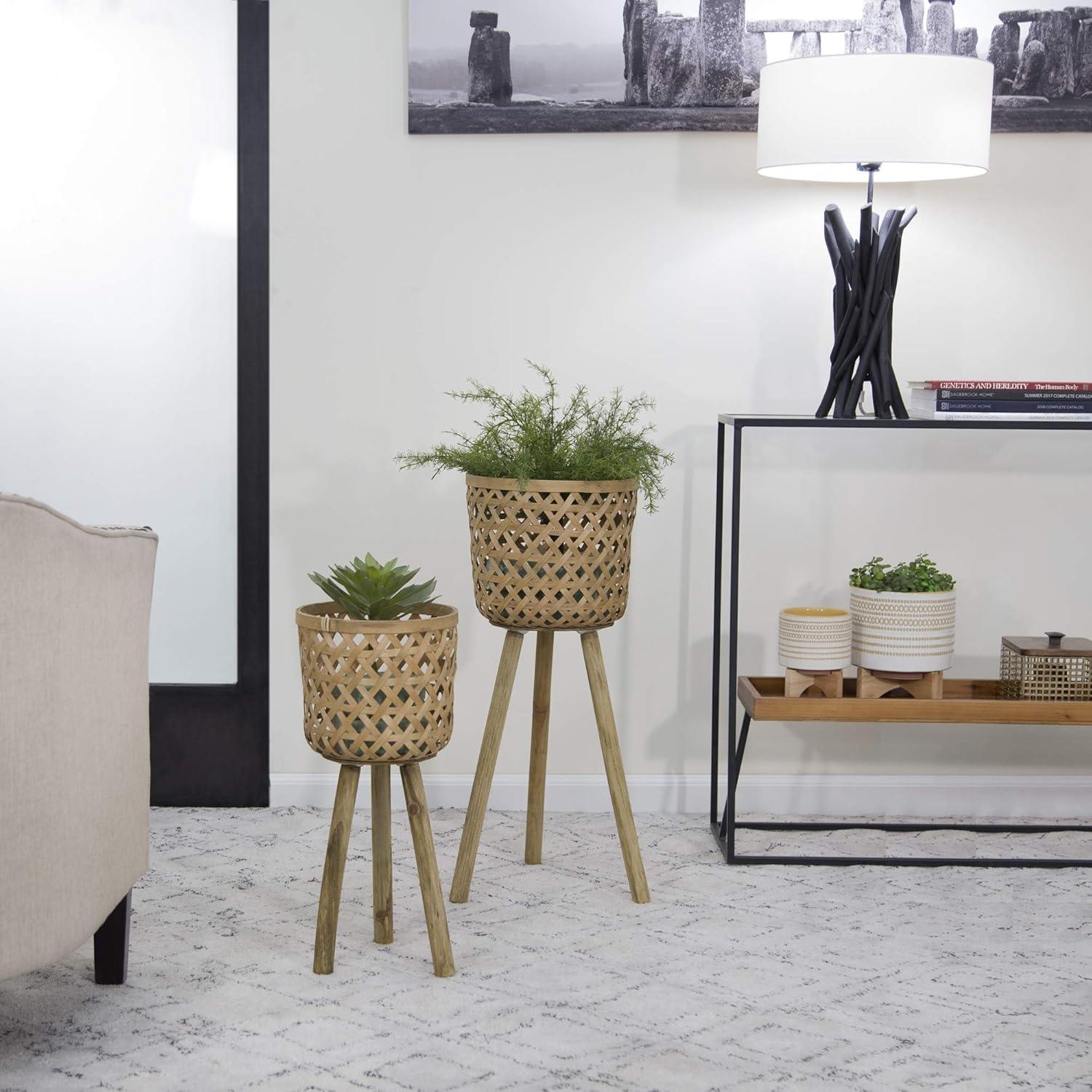 Sagebrook Home Set of 2 Bamboo Standing Planters on Wood Tripods, Indoor/Outdoor, Natural, 13 L x 13 W x 22 H Inches