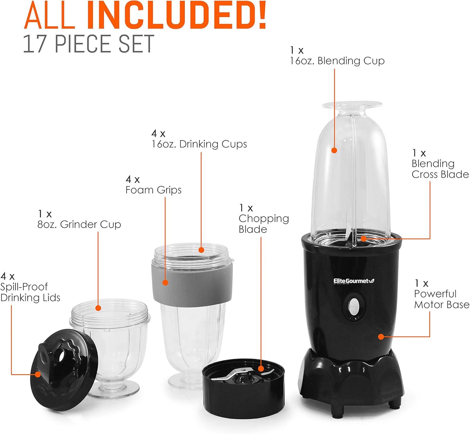 Elite Cuisine 17 Piece Personal Drink Blender with 4 x 16oz. Travel Cups EPB-1800