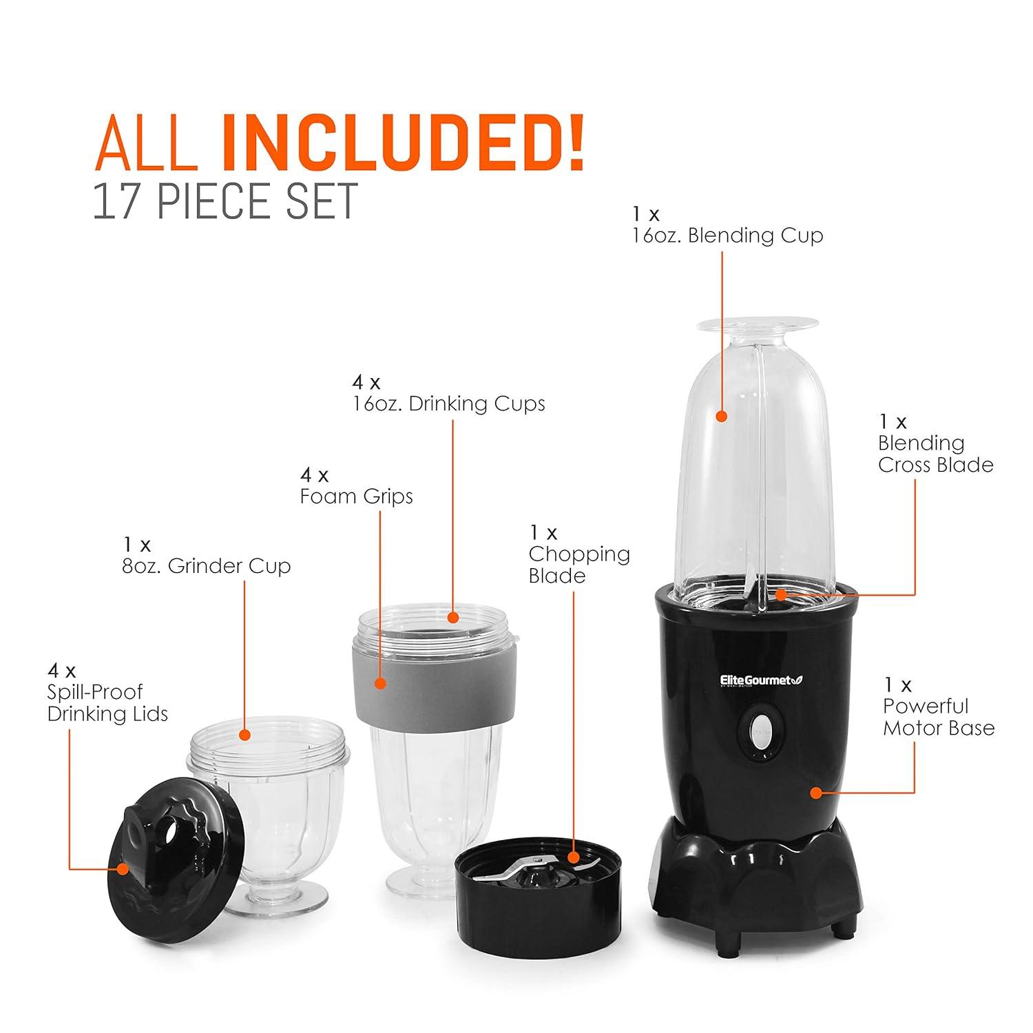 Elite Cuisine 17 Piece Personal Drink Blender with 4 x 16oz. Travel Cups EPB-1800