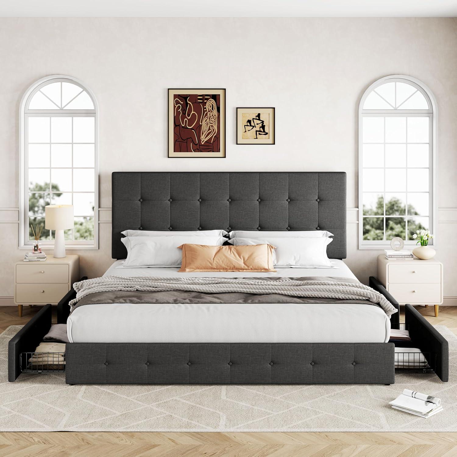 Allewie Upholstered King Size Platform Bed Frame with 4 Storage Drawers and Headboard, Square Stitched Button Tufted, Mattress Foundation with Wooden Slats Support, No Box Spring Needed, Dark Grey