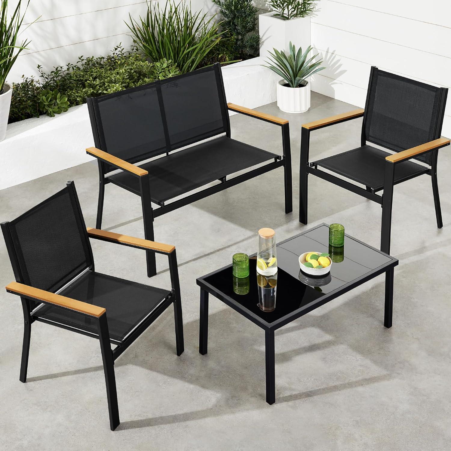 Black Steel 4-Piece Outdoor Patio Conversation Set with Faux Wood Armrests