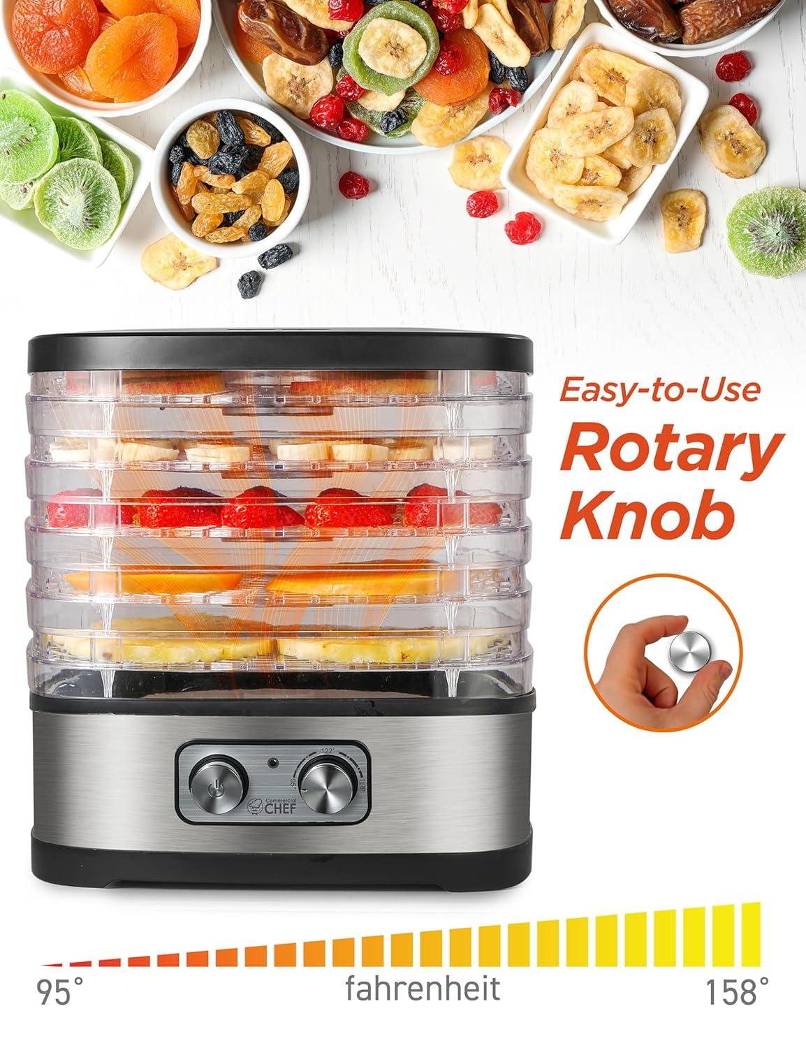 COMMERCIAL CHEF Food Dehydrator with 5 Adjustable Height Trays, Stainless Steel