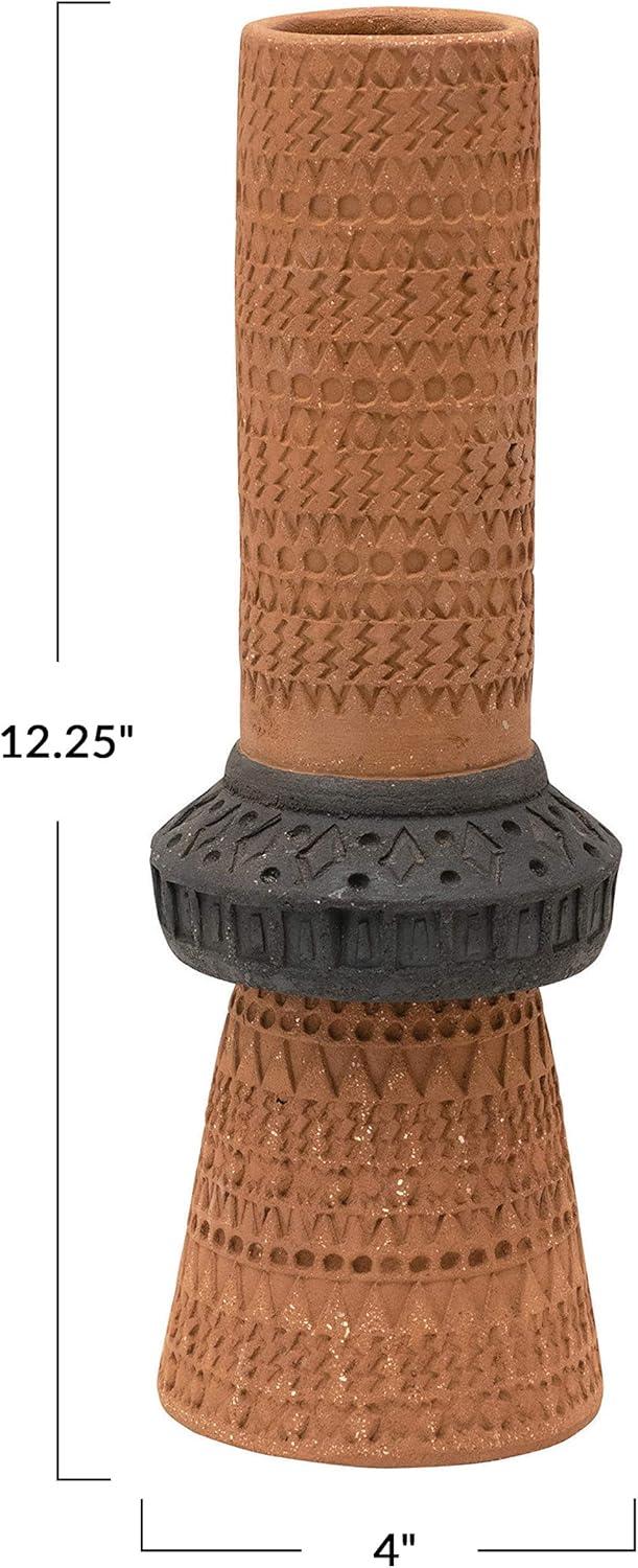Handmade Debossed Ceramic Vase in Terracotta & Black