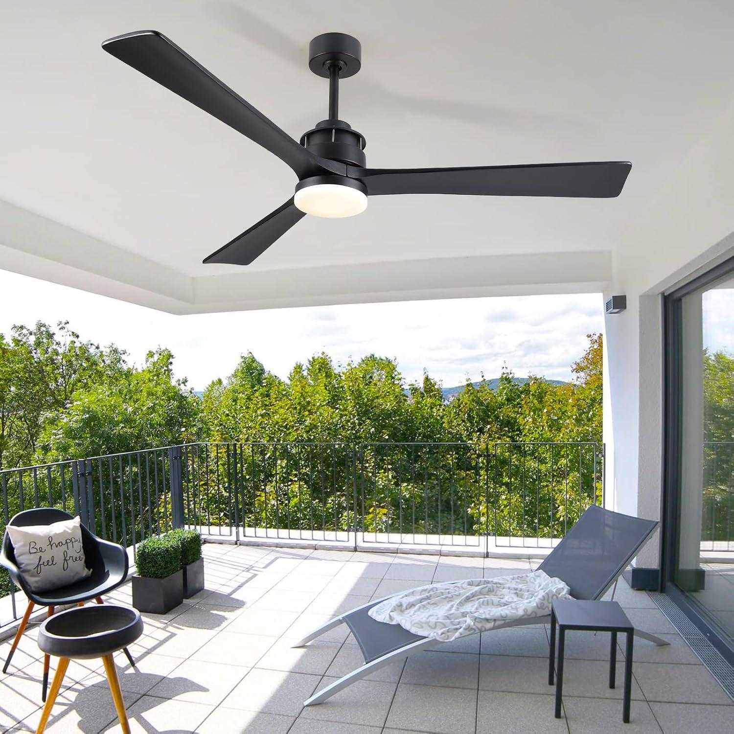 60" Black Modern Ceiling Fan with Wooden Blades and LED Light