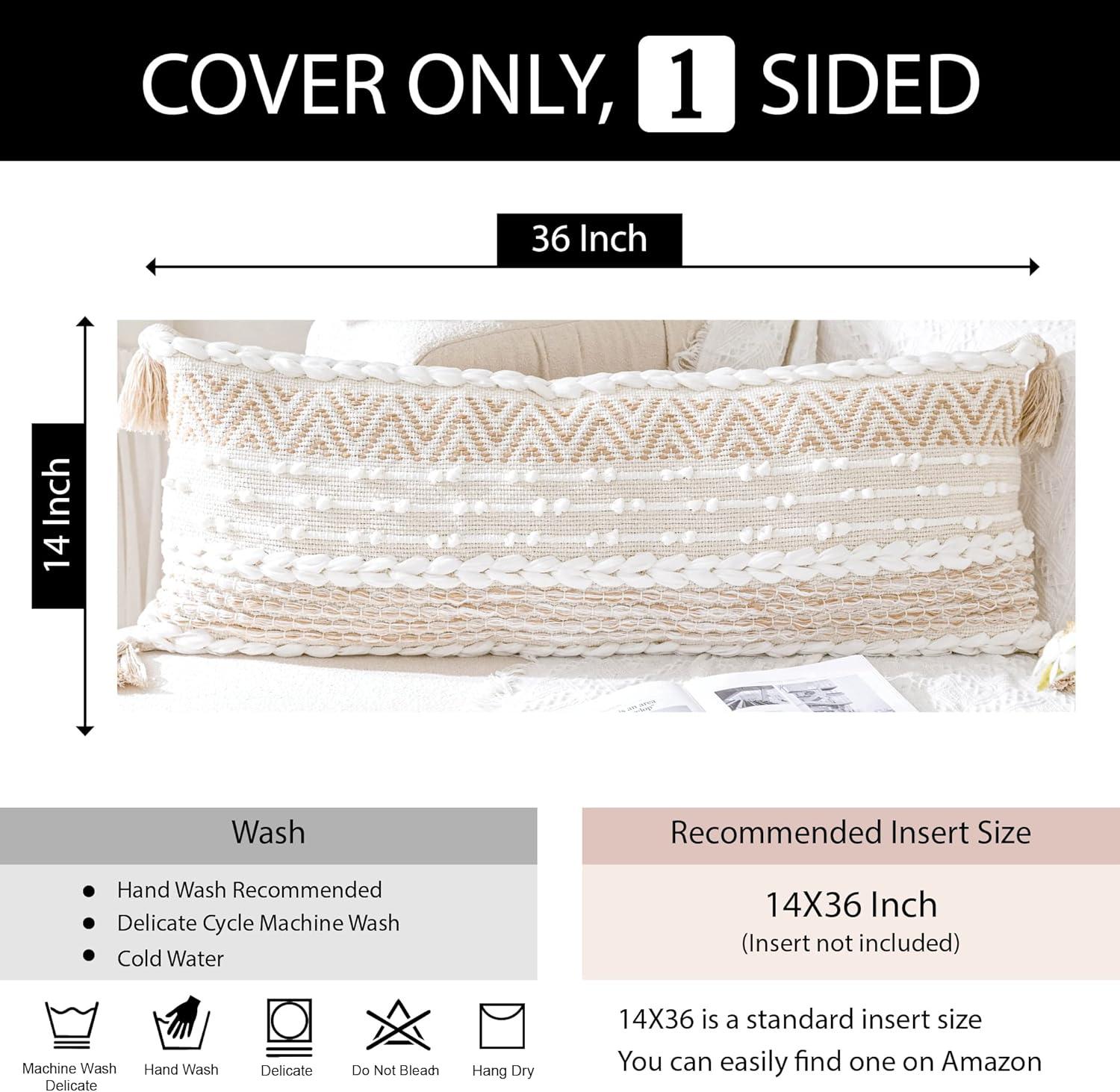 Beige and White Boho Lumbar Pillow Cover 14x36