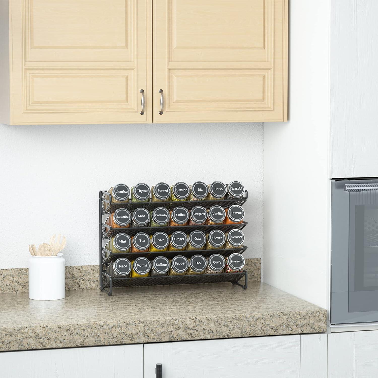 Spice Rack Organizer with 28 Spice Jars - Includes 386 Spice Labels, Chalk Marker, and Funnel Set for Cabinet, Countertop, Pantry, Cupboard, or Door & Wall Mount, 13.4" W × 10.8" H, Black