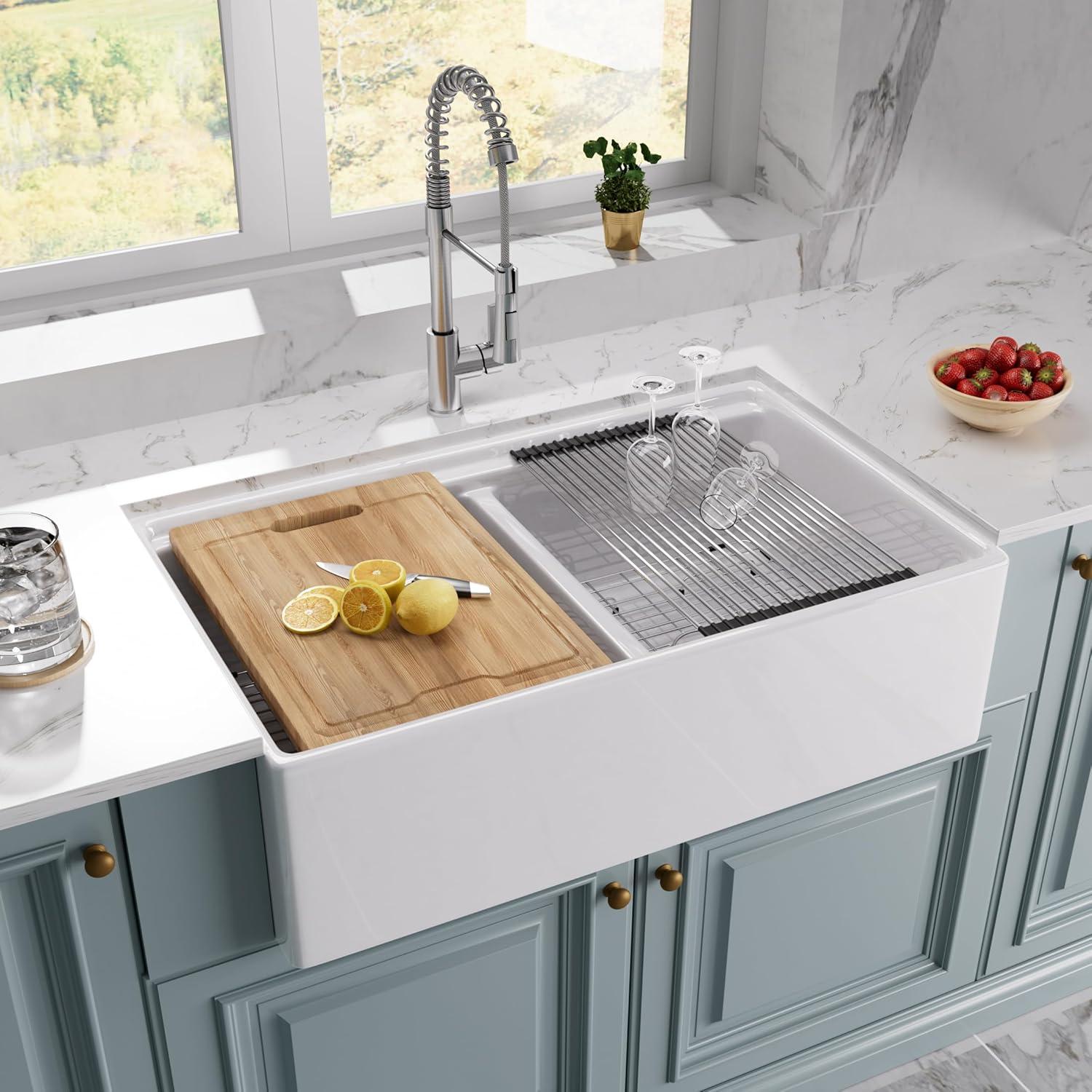 33'' White Ceramic Farmhouse Workstation Kitchen Sink with Accessories